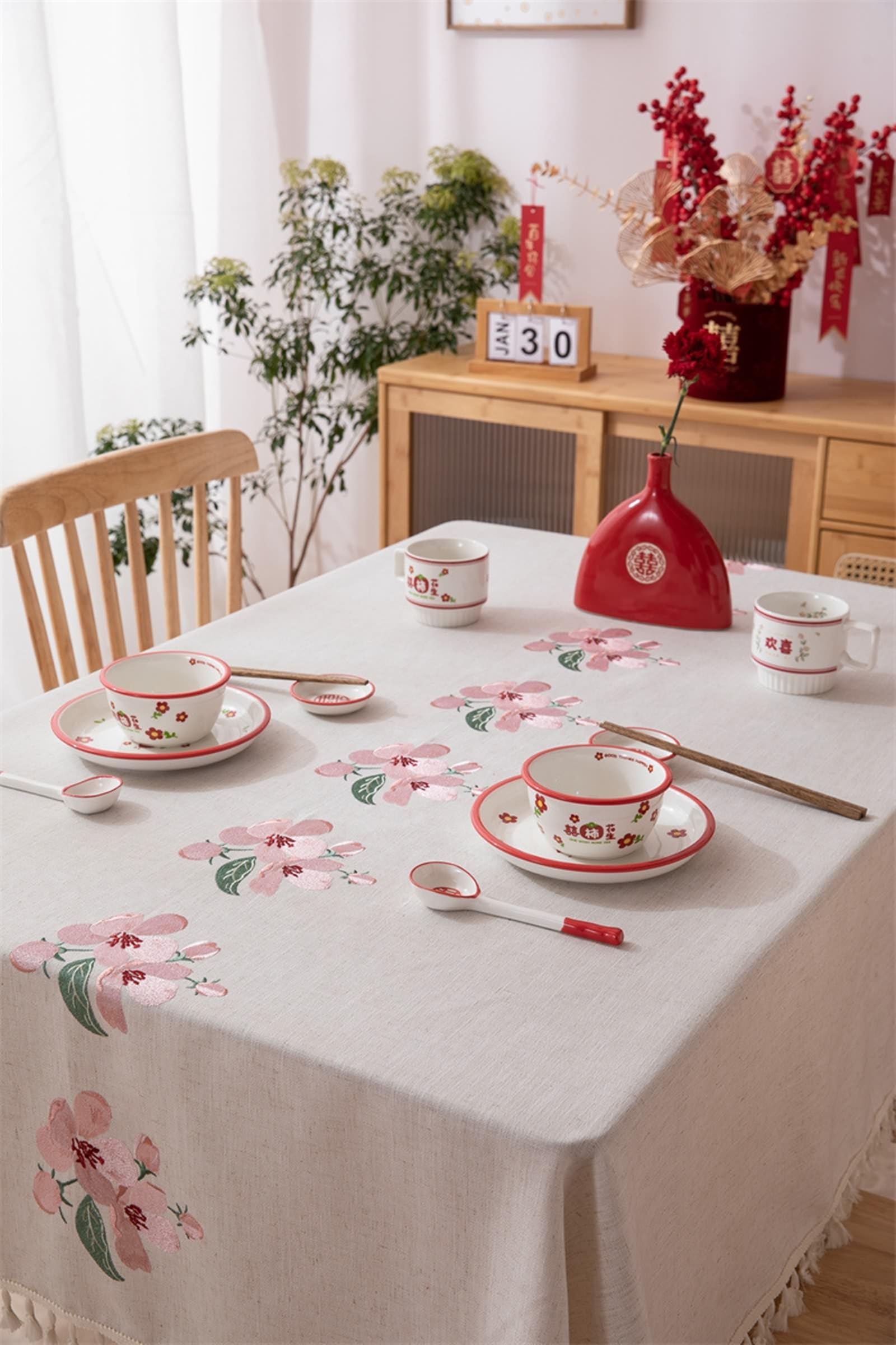 Mantel Mesa Rectangular Antimanchas, 140 x 200 cm, Beige Rosa, Mantel de Poliéster Flor con Borla