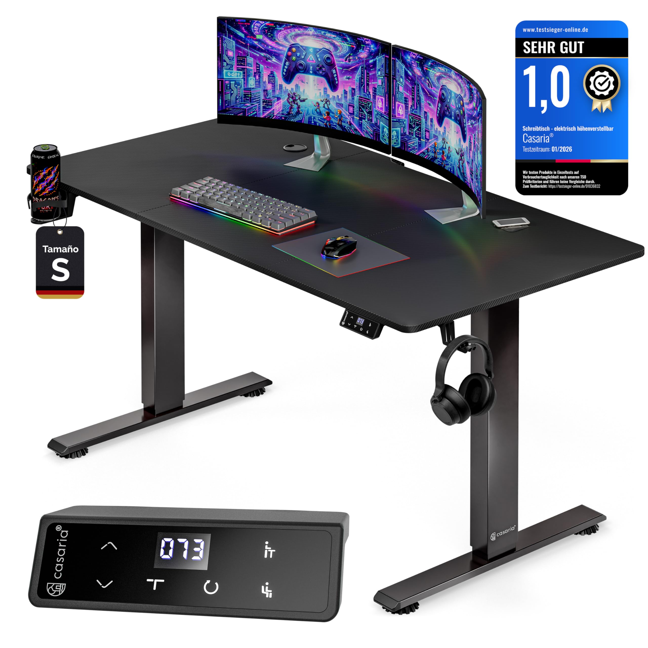 CASARIA® Escritorio Eléctrico Regulable Altura 120x60cm Mesa Elevable 80Kg LCD Función Memoria Temporizador USB-C/A Home Office Oficina Negro | Eléctrico, Altura ajustable 72 a 117cm, función de memoria, cargador inalámbrico con USB-C y USB-A