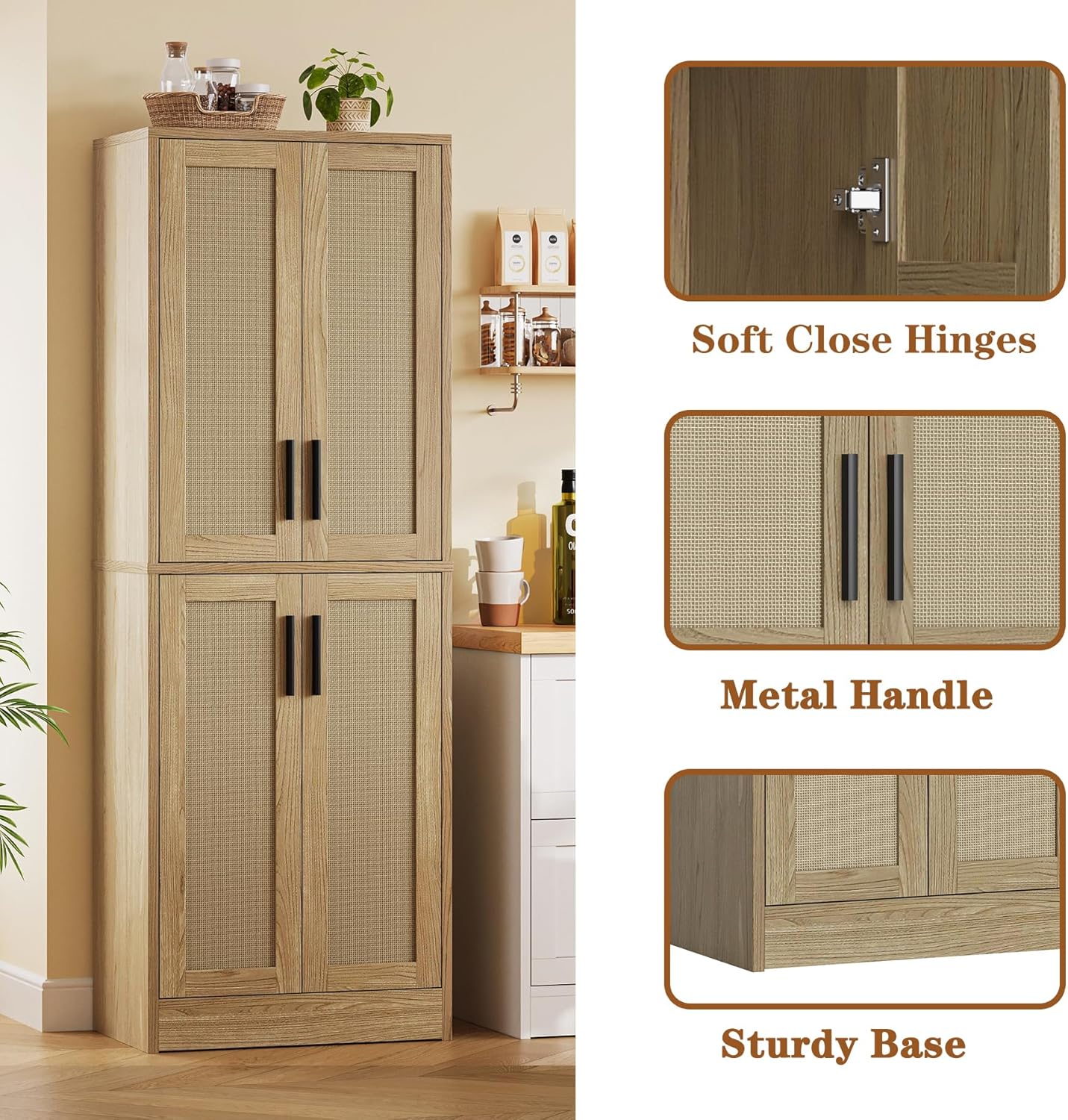 Pantry Cabinet - Tall Kitchen Pantry Storage Cabinet with 4 Rattan Doors and Adjustable Shelves, Wood Cupboard for Kitchen, Dining Room, Bathroom, Hallway, Laundry Room, Living Room (Natural)