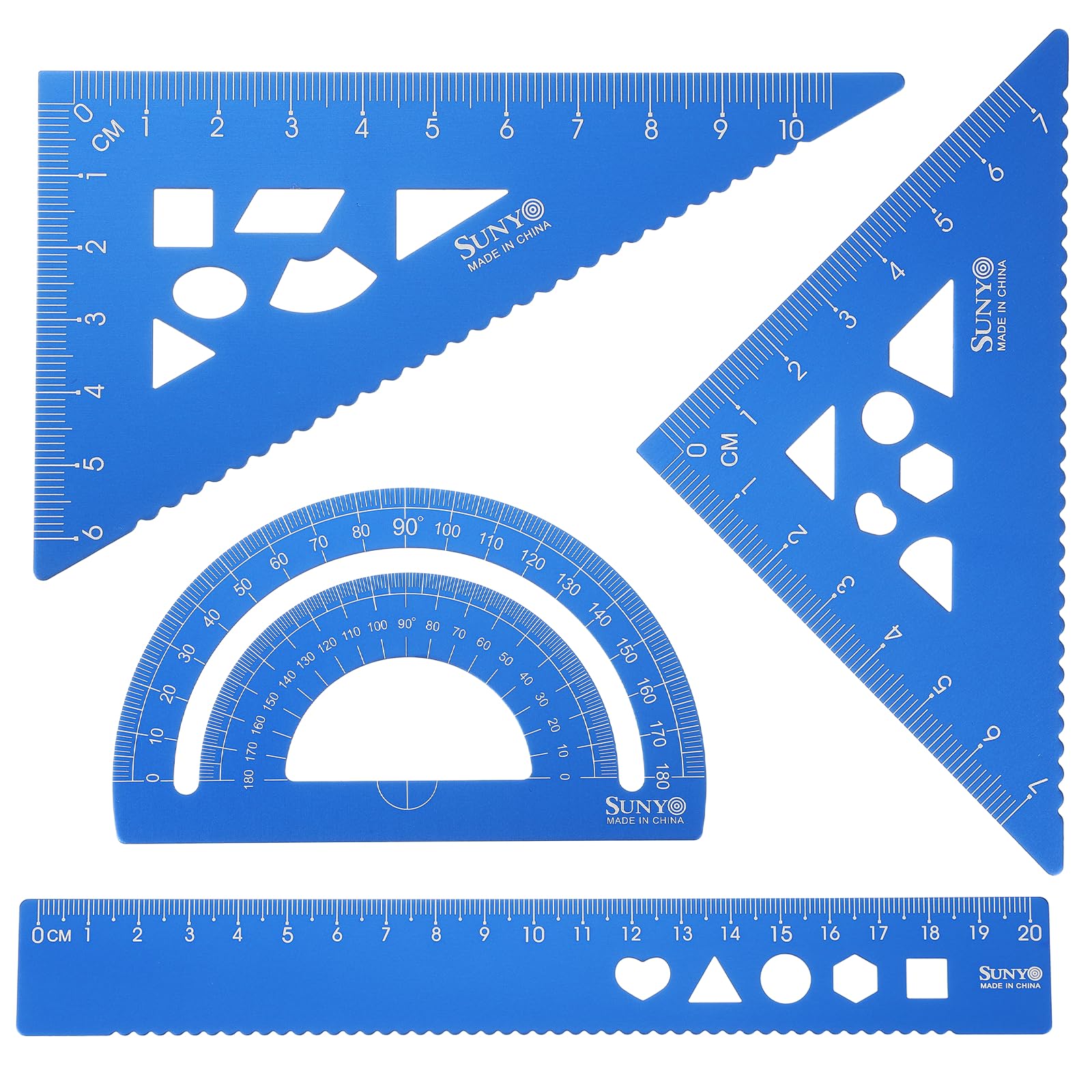 sourcing map 4pcs Triangular Ruler Set 20cm Aluminum Alloy Straight Geometric Protractor Triangle Engineering Scale Drafting Ruler Kit Measuring Drawing Tool for Classroom Office Home, Blue