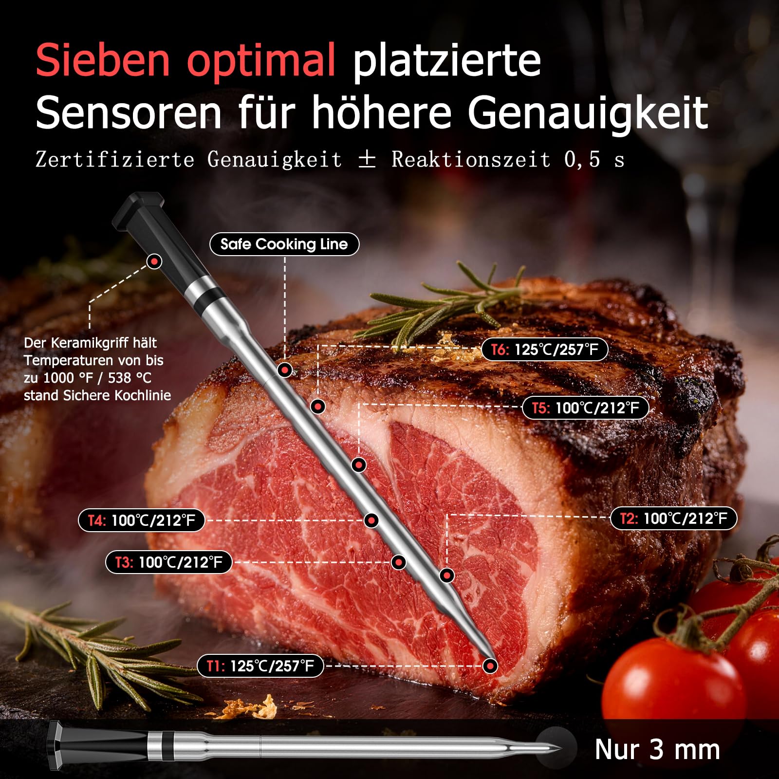 BBQOVN WLAN Bluetooth Fleischthermometer mit Unbegrenzter Reichweite, 7 NIST-zertifizierte Sensoren & Umgebungstemperatur, Kabelloses Thermometer für BBQ, Smoker, Ofen, Grill, Heißluftfritteuse