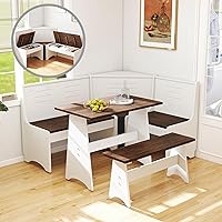 DeltaChairs L-Shaped Breakfast Nook Set: 3-4 Seat Corner Dining with Hidden Storage, Farmhouse White Brown Wood