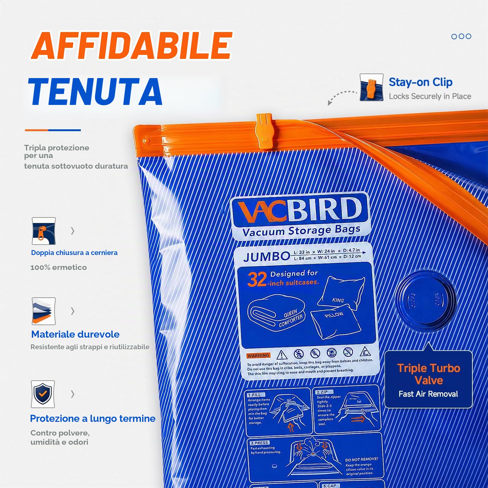 Vacbird Sacchetti Sottovuoto Vestiti con Pompa Elettrica Wireless, 20 Pezzi Buste Sottovuoto Vestiti(8*47x64cm, 8*54x74cm, 4*84x61cm) per Armadio, Piumini e Capi pesanti, Grande Capienza Salvaspazio