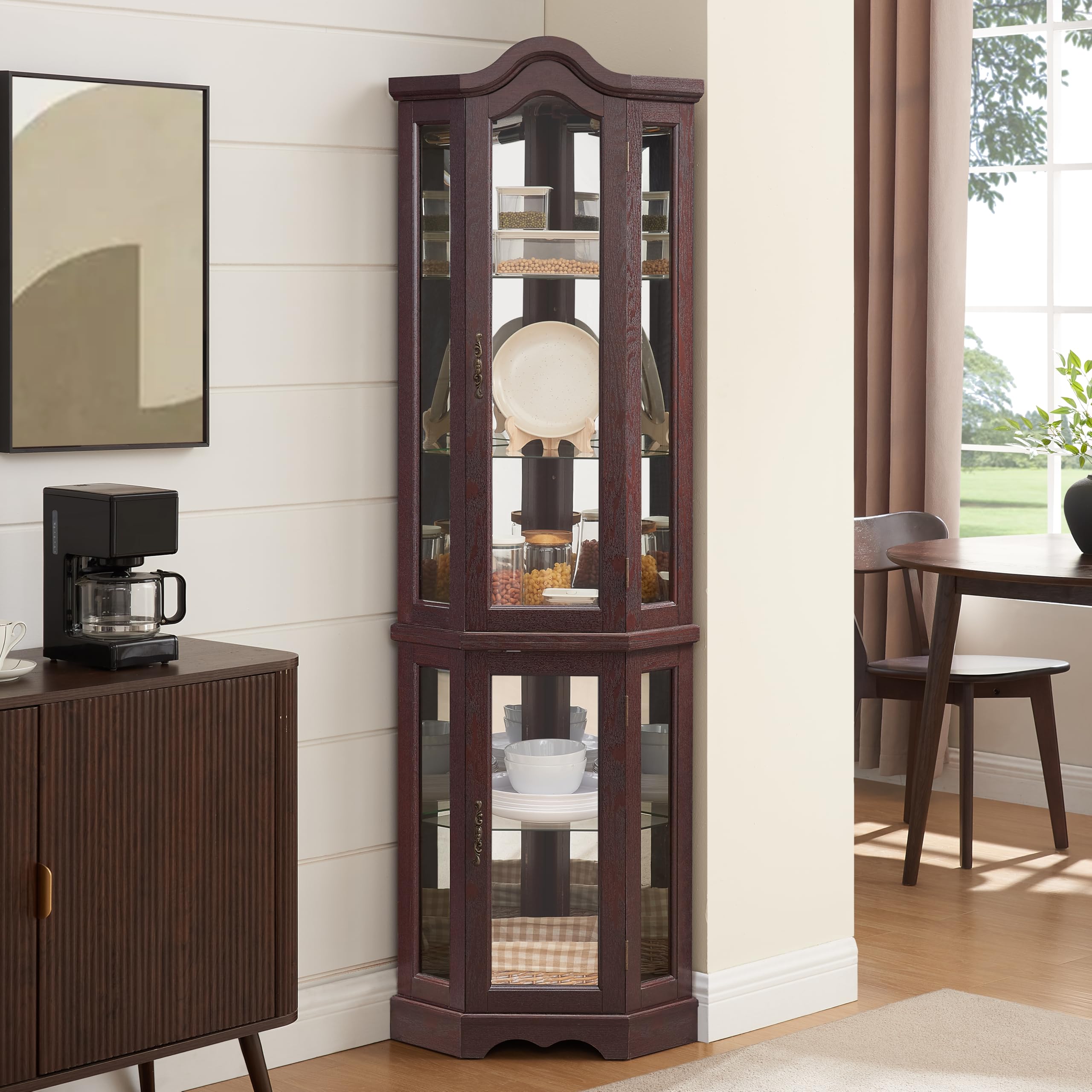 70" Lighted Large Bar Cabinet, Versatile Pantry with Tempered Glass Doors, Cabinet Organizer with Adjustable Shelves for Living Room &amp; Home Display, Walnut