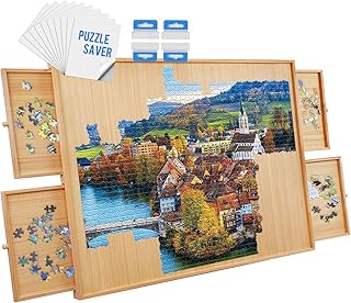 1500 Piece Wooden Jigsaw Puzzle Table - 4 Drawers and Cover, 34" X 26.1" Puzzle Board | Jigsaw Puzzle Board | Puzzle Cover & Hangers & Glue Included | Portable Puzzle Table for Adults and Kids
