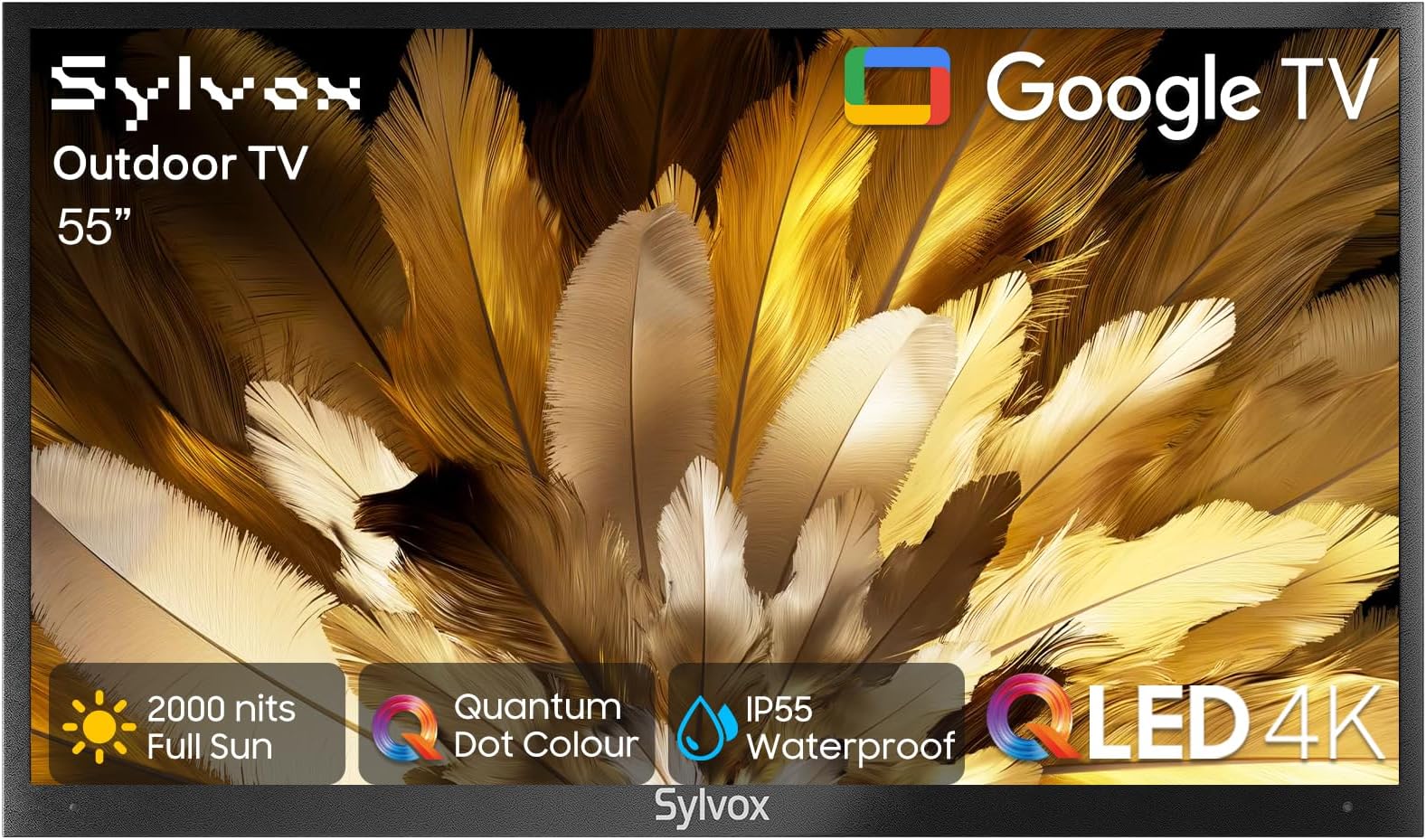 SYLVOX Outdoor TV, 55 Inch 4K QLED Smart TV, Quantum Dot, 2000Nit Ultra Bright QLED Television for Full Sun, Direct-Sun Protection, IP55 Waterproof, Dolby Atmos, with Google Cast, Voice Remote (2024)