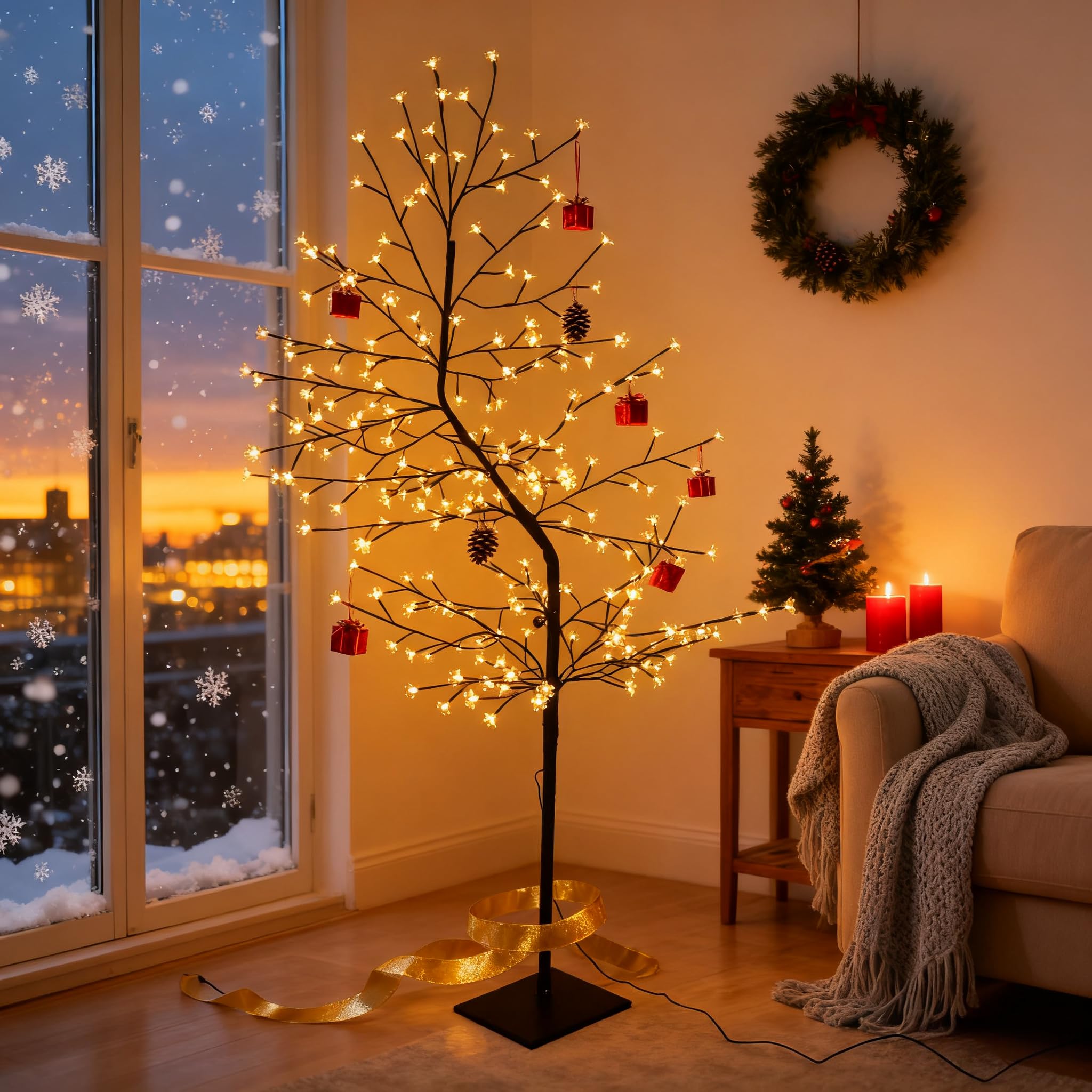 CCLIFE Albero Luminoso da Interno 180cm, Lampada LED con Funzione Memoria, Albero di Ciliegio Illuminazione, Bianco Caldo, IP44, 240 LED Albero con Luci