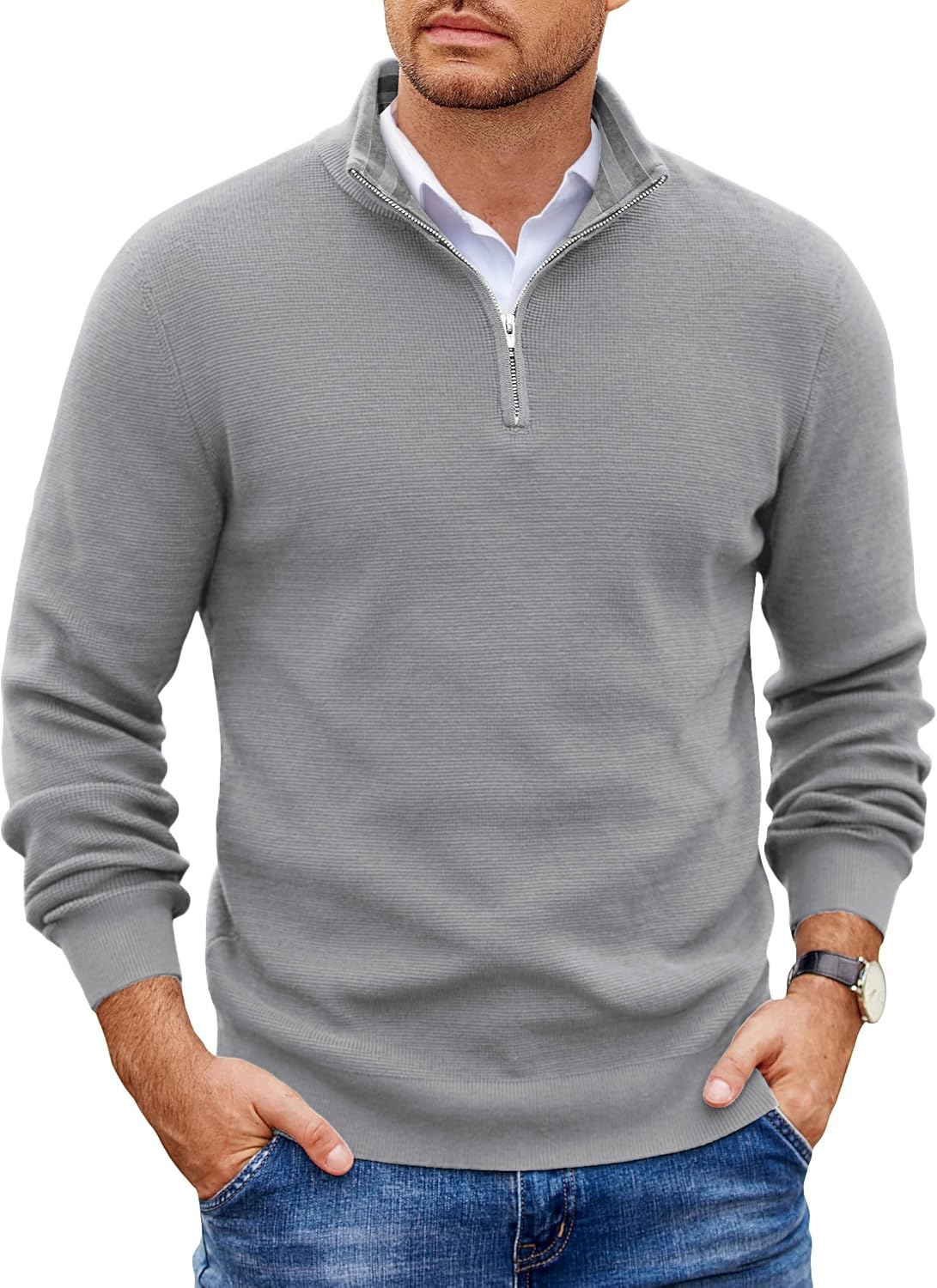 COOFANDY Mens Quarter Zip Pullover Slim Fit Lightweight Sweater Casual Mock Neck Knit Polo Sweater
