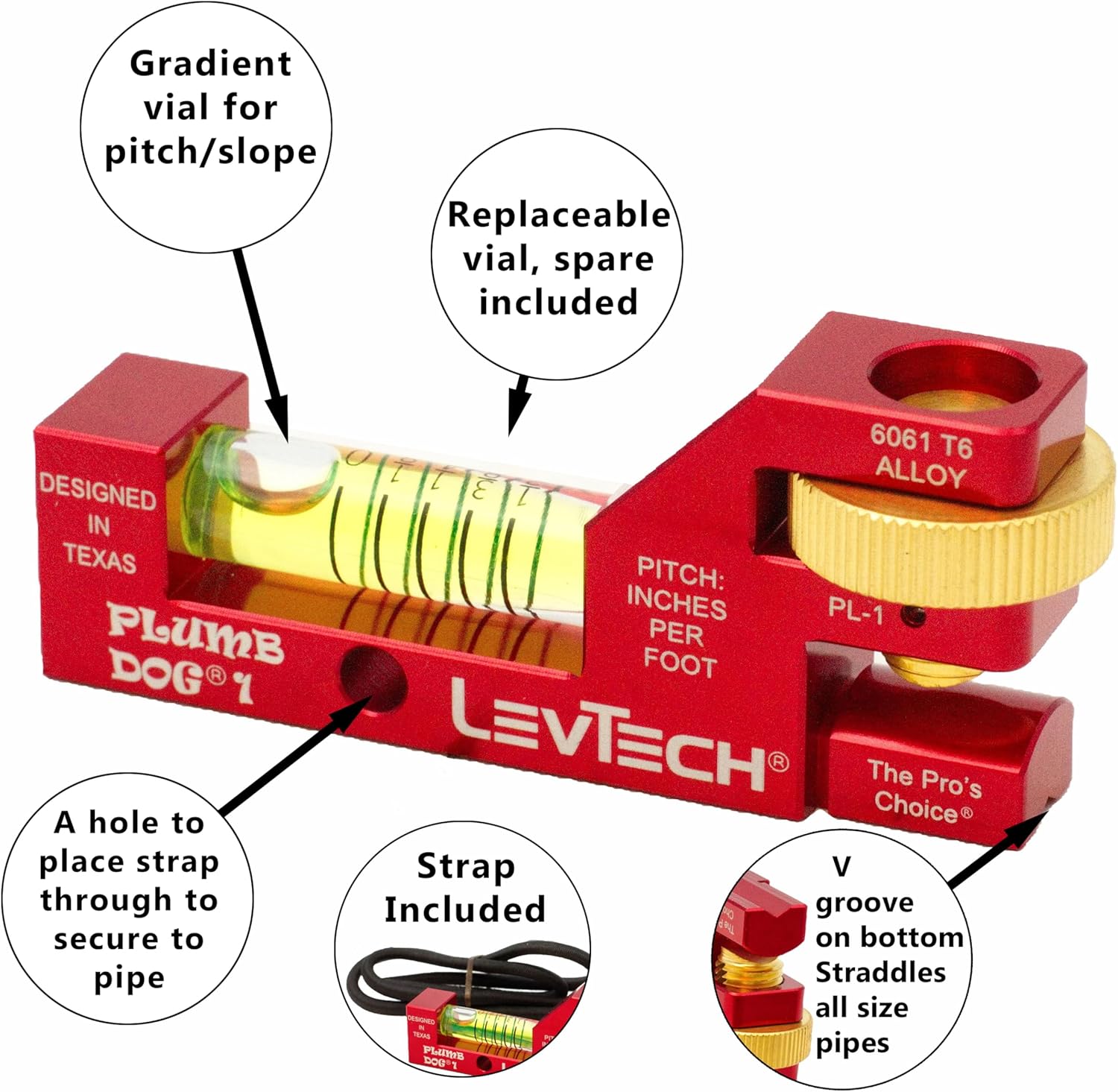 LEVTECH Plumbers' Gradient 1-Vial Compact Level, with Elastic Pipe Strap and Thumbwheel PL1 Replaceable Vial Compatible Slotted Screwdriver