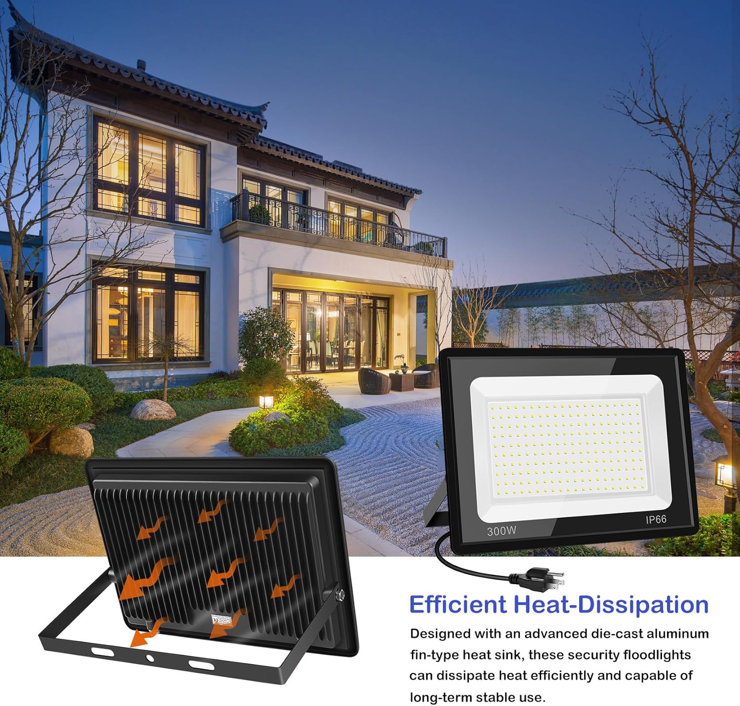 2 Pack 300W LED Flood Light Outdoor,2000W Equivalent 36000LM 6000K Daylight White Super Bright FloodLight with Plug,IP66 Waterproof Commercial Lighting for Sports Fields,Counts,Arena,Stadium