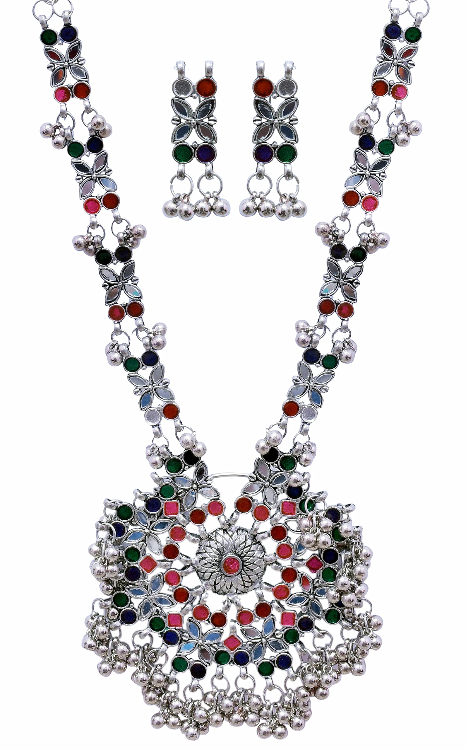 Traditional Antique Oxidised Silver Ethnic Fashion Mirror Pendant Necklace Earrings Set Jewelry Women Girls (Multi Mirror) (B0BYT62HMC) Amazon Price History, Amazon Price Tracker
