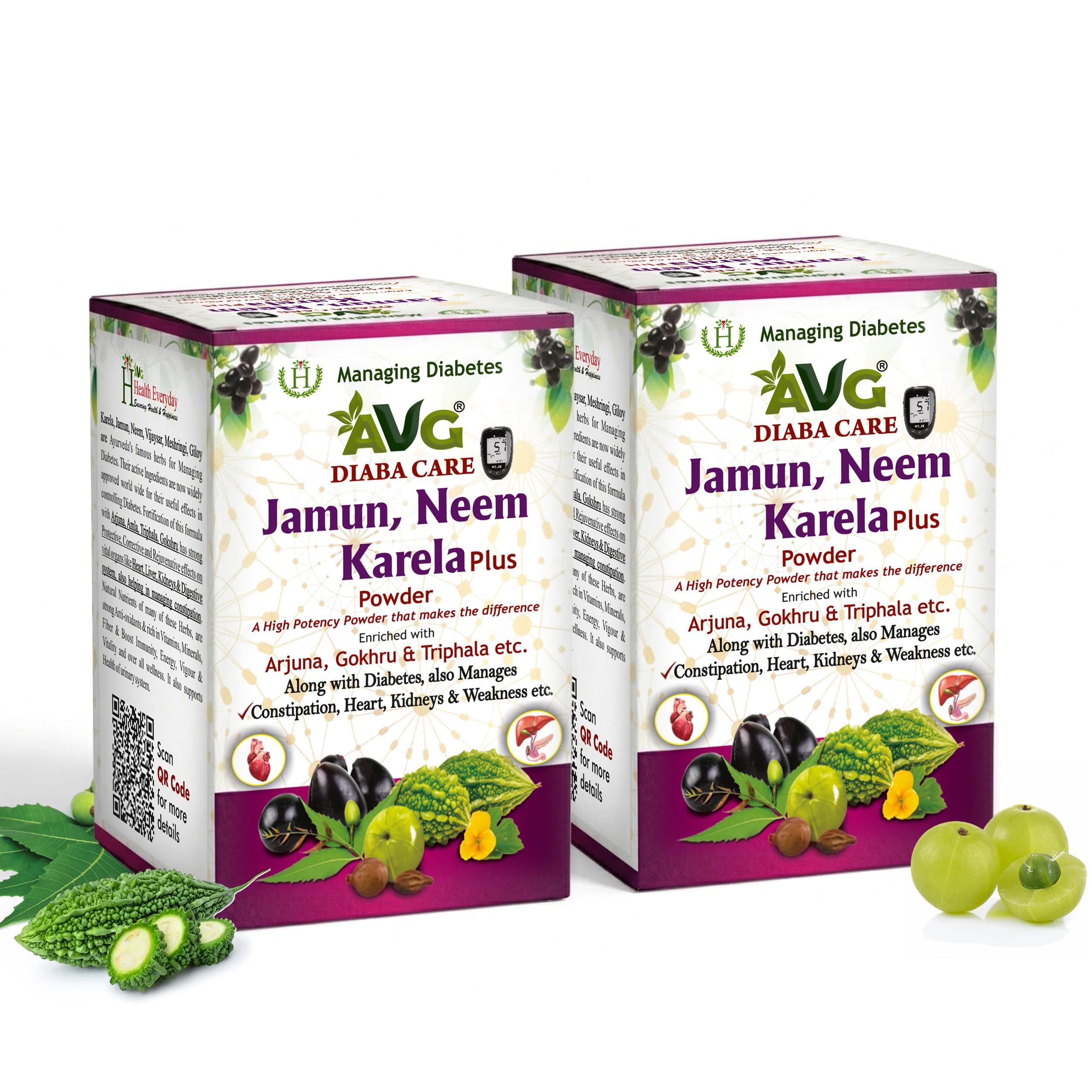 AVG Health Organics Diaba Care Karela Jamun Neem Powder 200gm each, Pack of 2 Diabetes Care Ayurvedic Supplement with Arjuna, Gokhru & Triphala, Helps in Relieving Constipation