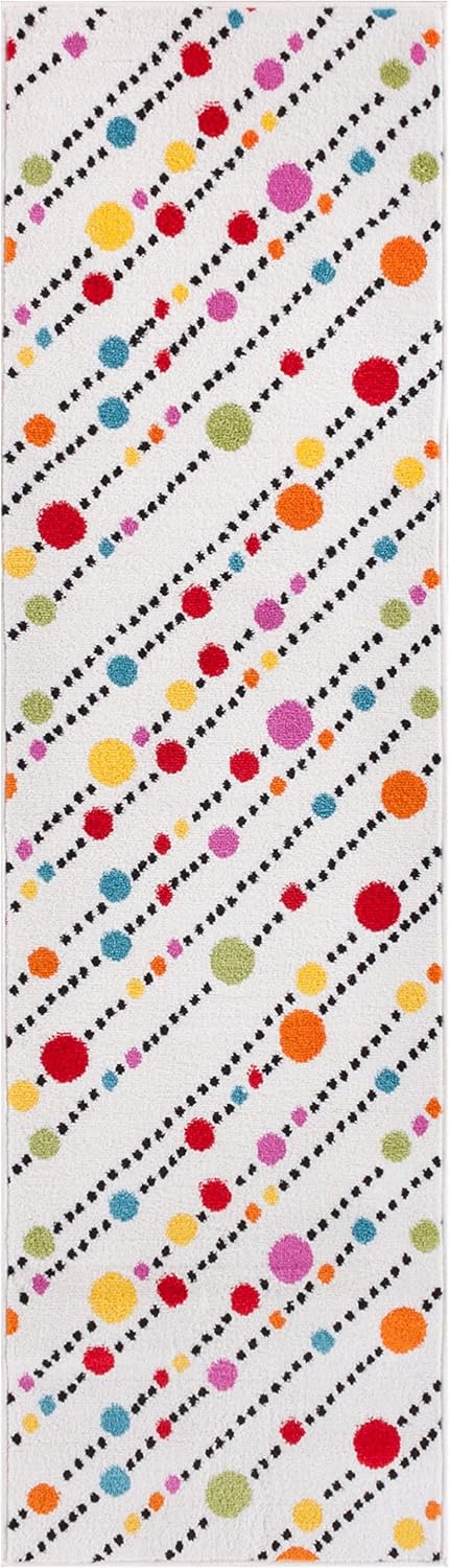 Well Woven Kids StarBright Dandy Dots and Stripes Modern Abstract White 2' x 7'3" Runner Area Rug