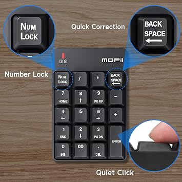 MOFII Number Pad - Black Wireless Bluetooth 5.1 Numeric Keypad Silent 19 Keys USB Keypads, Portable Financial Accounting Numpad 10 Key for Laptop/Notebook/Surface Pro/PC