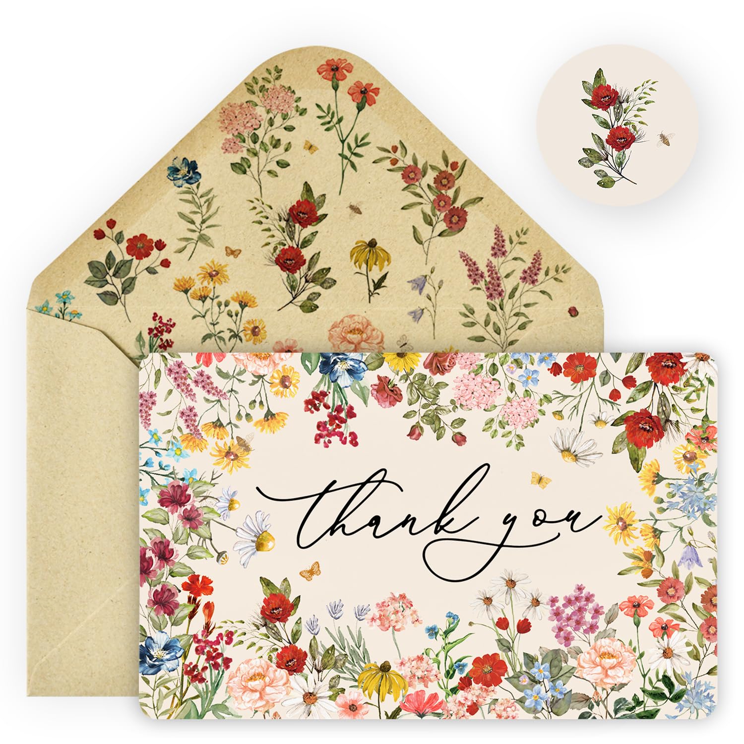 Artoid Mode 24 Pack Vintage Wildflower Thank You Cards Flower Greeting Cards Gift With Envelope Sticker Blank Note Cards for Birthday Wedding Baby