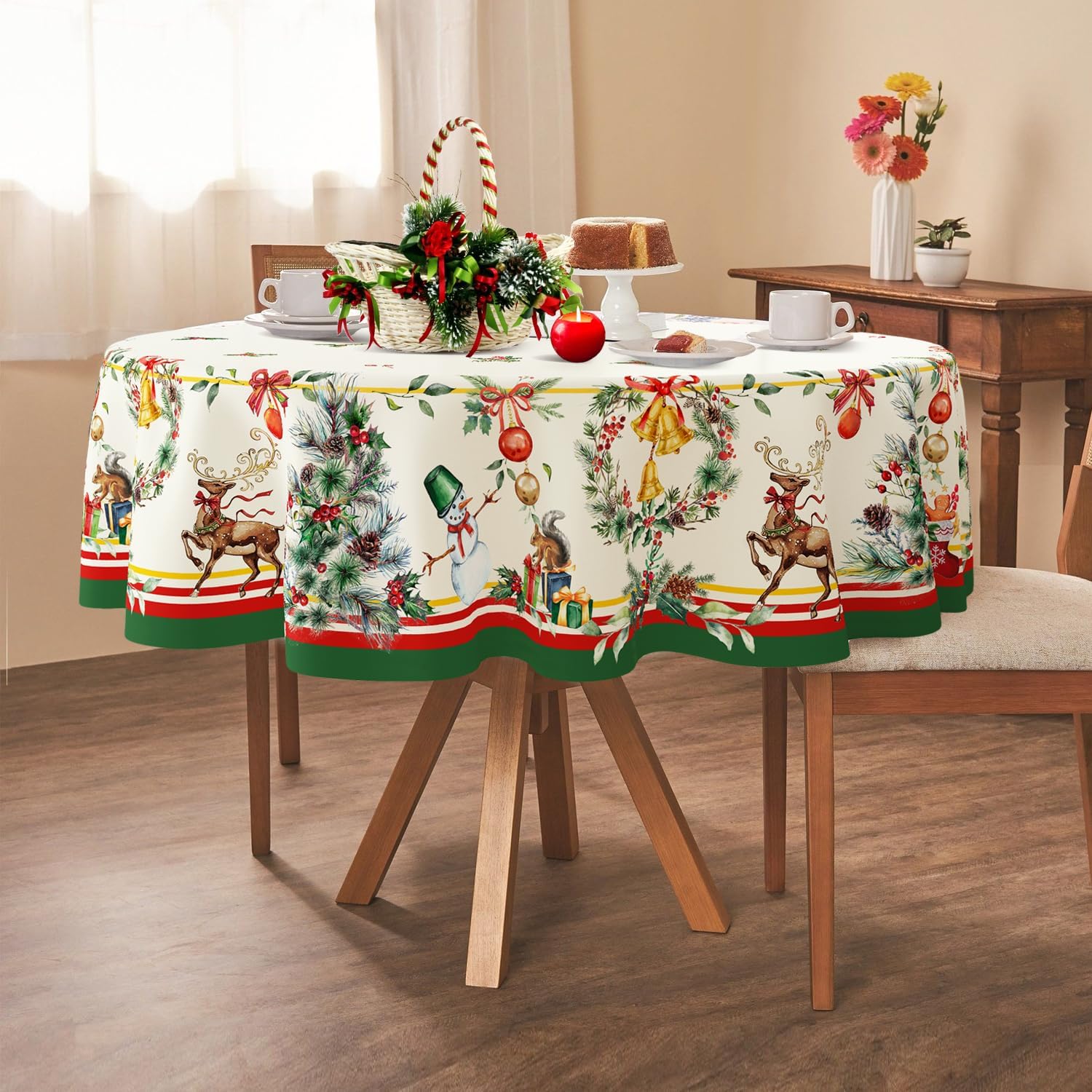 Yighty Round Christmas Tablecloth 60 x 60in,Christmas Tree Elk Holiday