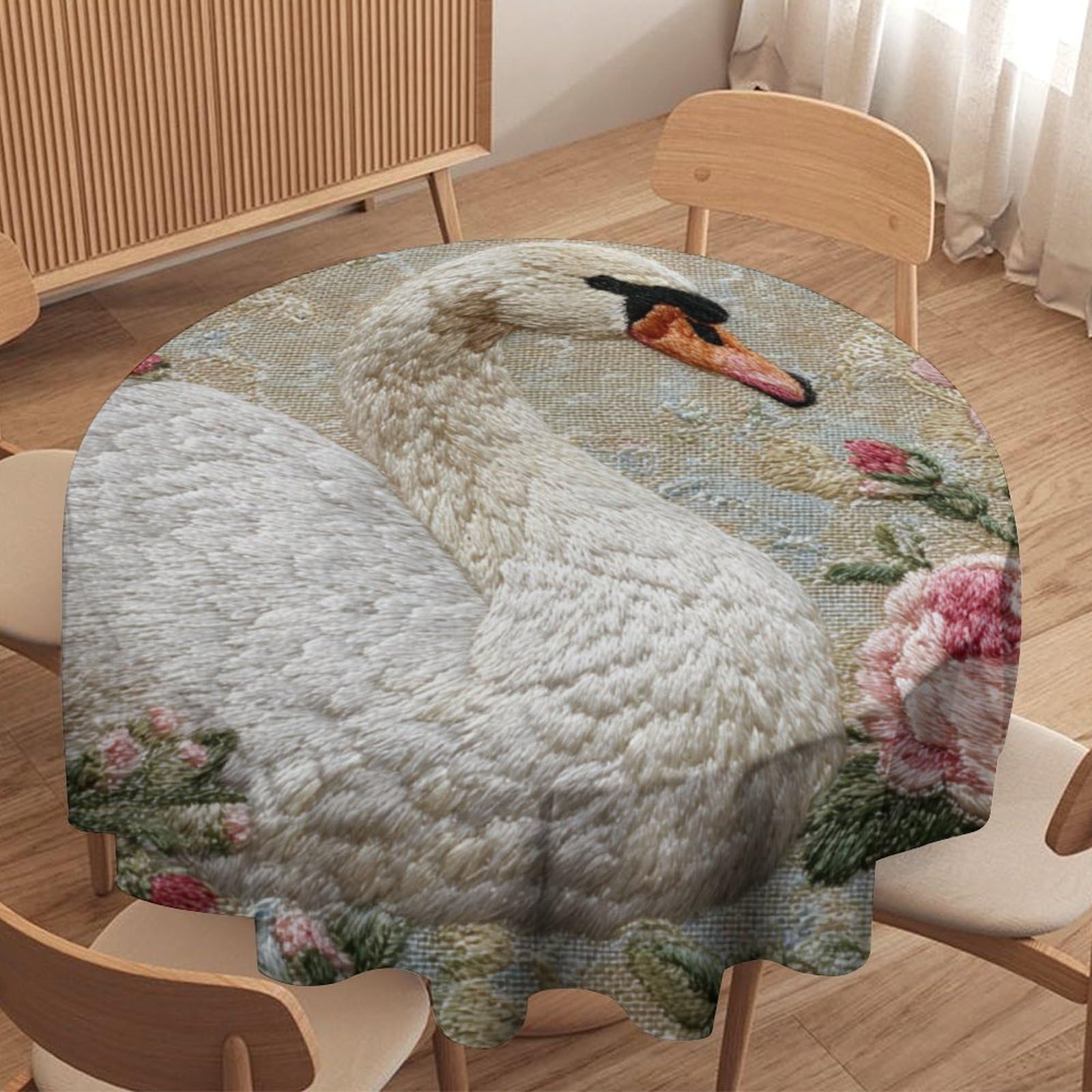 LUYYSKY Romantic Realistic Animal Swan Waterproof Round Tablecloth Retro Watercolor White Swan Plant Pink Rose Floral Pattern Washable Table Cover for Kitchen-91.4" Wx91.4 L cm