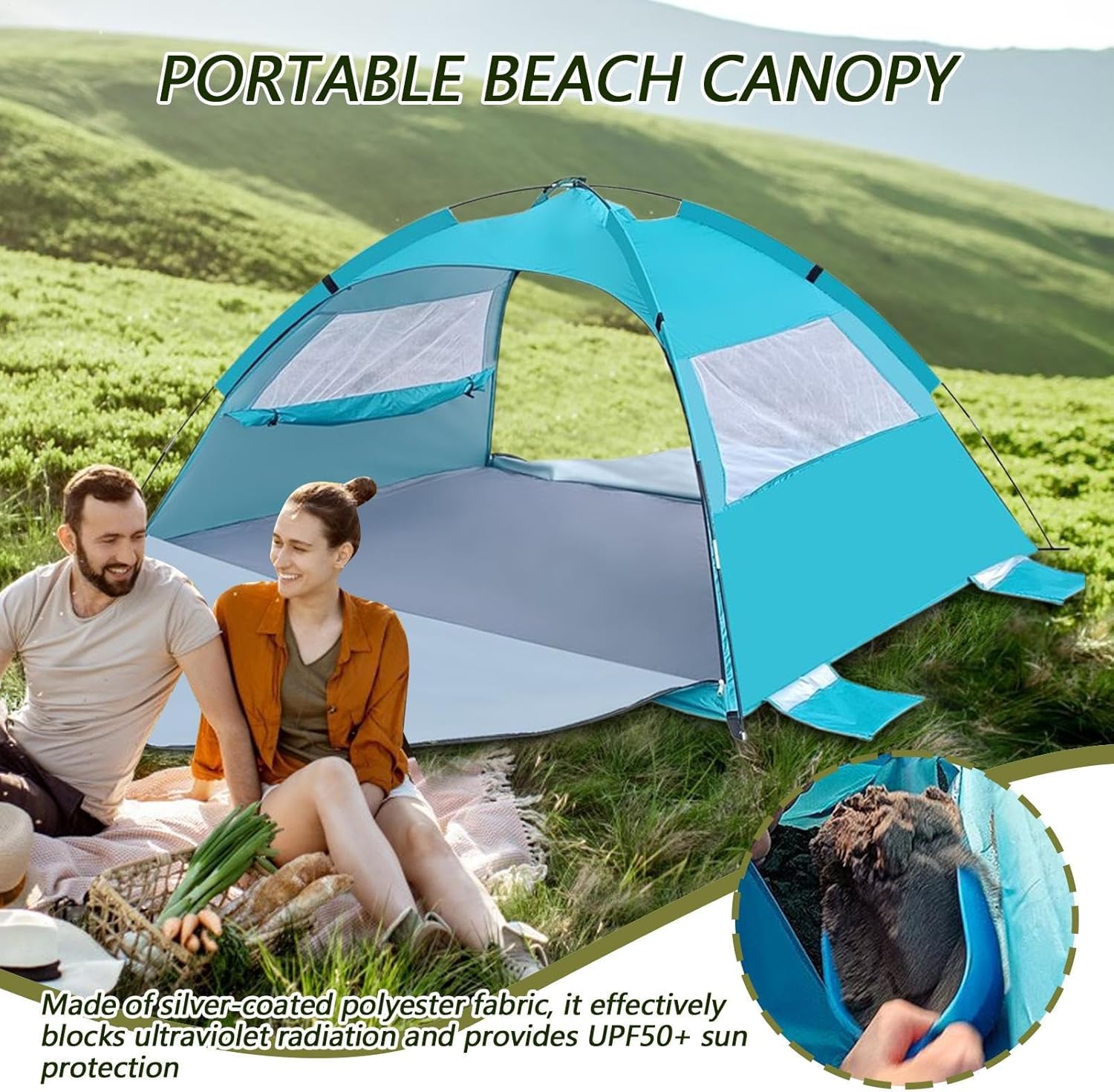 Tent for Beach,UPF50+ Ventilated Canopy,Portable Sun Shelter - for Camping Backyard Picnic Beach Patio Outdoor Backpacking Travel