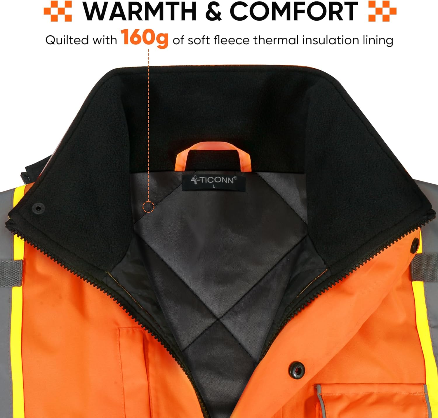 TICONN Waterproof Safety Bomber Jacket, Winter Rain Jacket Hi Vis Reflective, ANSI Class 3 Work Rain Coat - Image 4