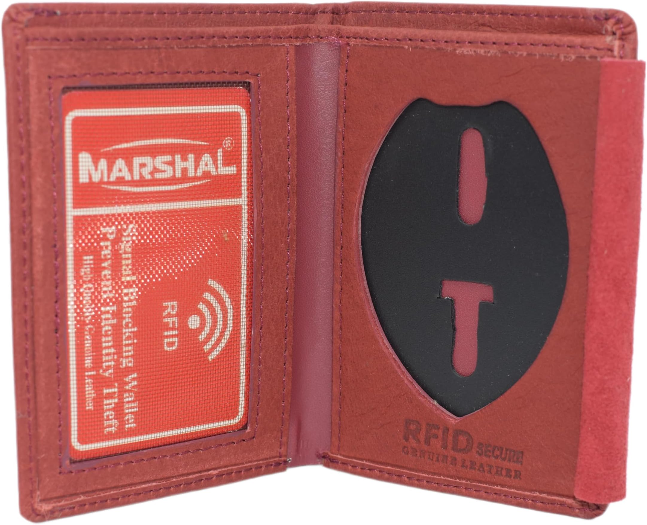 Genuine Leather RFID Slim Thin Bifold ID Money Wallet Oval Shape Badge Holder (Burgundy)