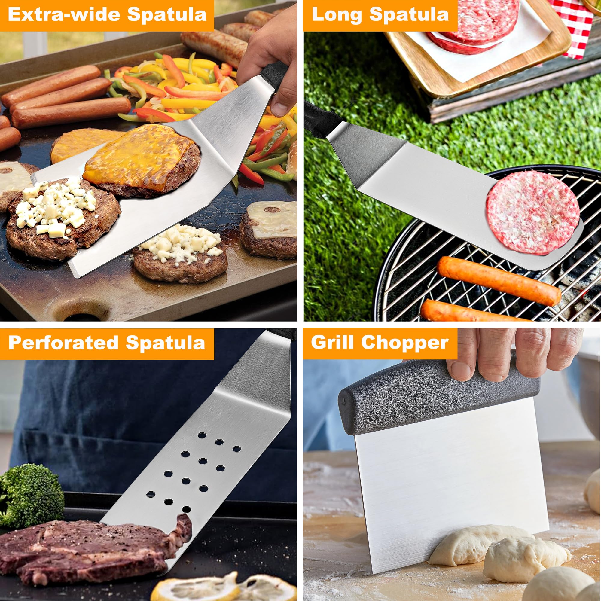 Juego de 28 accesorios para parrilla, juego de accesorios de parrilla plana para chef de campamento, juego de espátulas para parrilla con espátulas agrandadas, cubierta de hilvanado, raspador 4