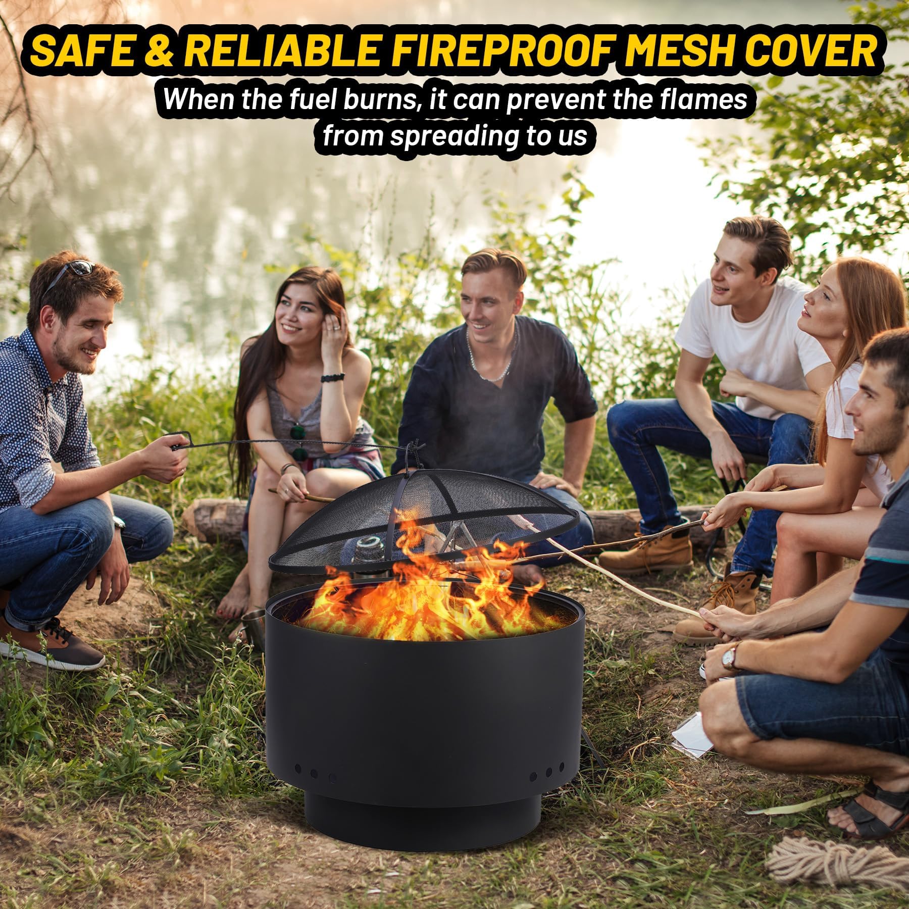 Feuerschale mit Grillrost, Ø60cm Feuerkorb mit Funkenschutz, Groß Feuertonne für den Garten mit Schürhaken & Tragetasche, Solide Holz & Kohle Feuerstelle inkl. für Outdoor BBQ Heizung 66x66x60cm