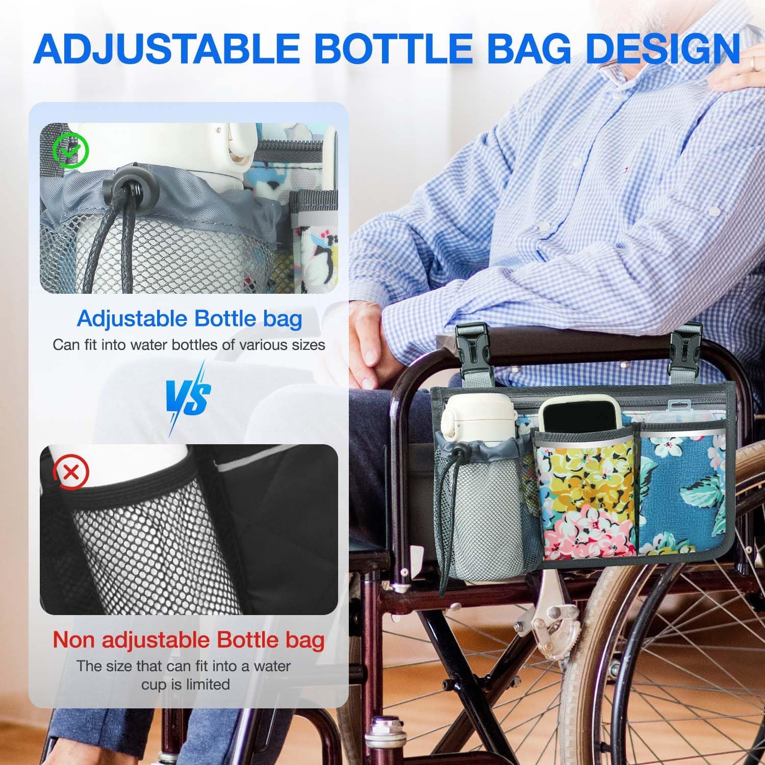 Wheelchair Bag, Walker Bag, Wheelchair Side Bag, Armrest Organizer Pouch with Cup Holder Attachment and Reflective Strip, Accessories for Most Wheelchairs, Walker, Rollators, Blue Flowers - Image 5