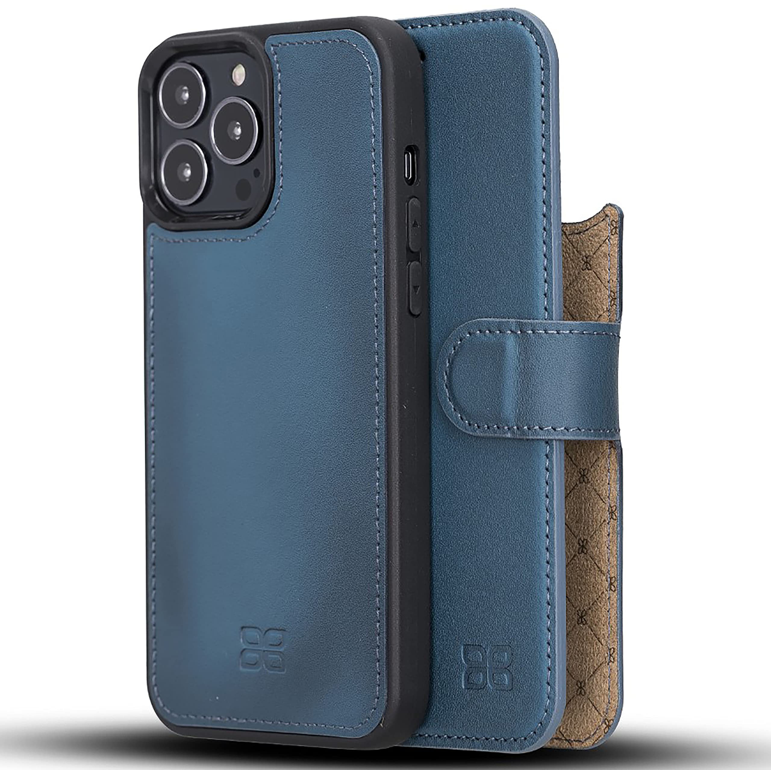 BoulettaWallet Case for iPhone 13 Pro Max (6.7'') - Leather Magnetic Detachable Magsafe Flip Folio Cases RFID Phone Cover with 3 Card Slots Navy Blue