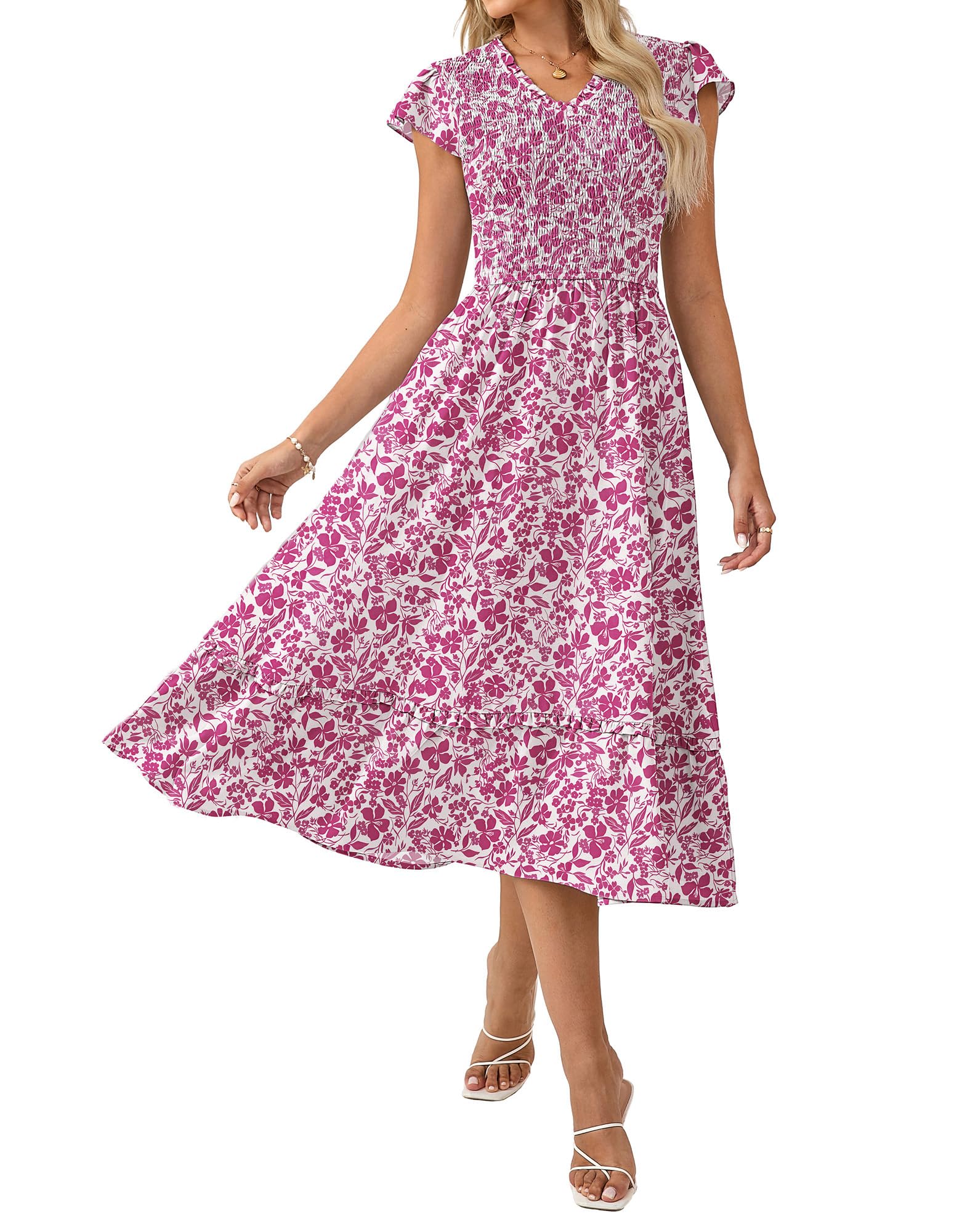 2026 Summer Casual Dresses for Women,Flutter Short Sleeve Wedding Guest Dresses,V Neck Smocked Tiered Midi Dress