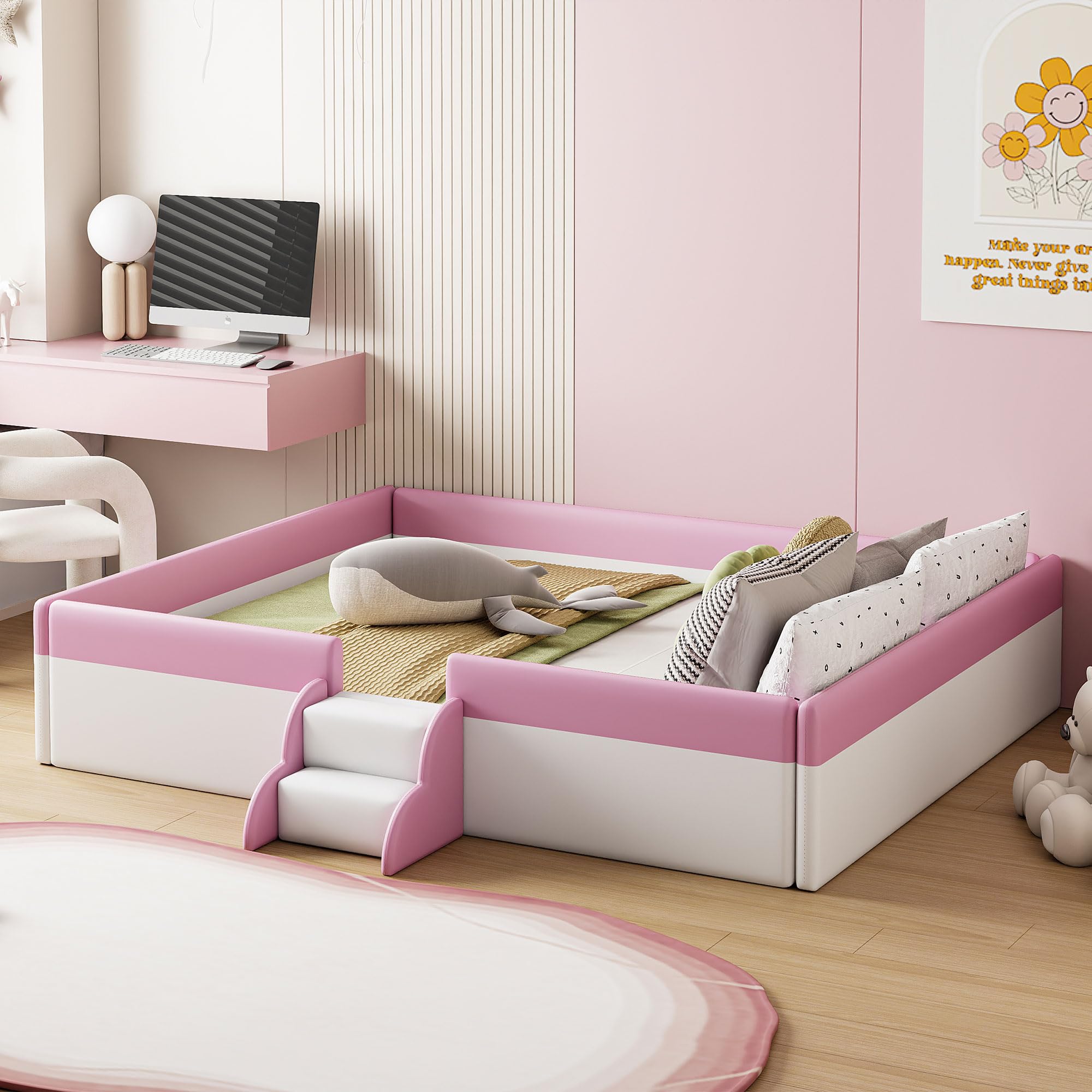 Merax Queen Size Floor Bed, Upholstered Kids Daybed Frame with Fence and Stairs, Wood Bed for Living Room, White+Pink
