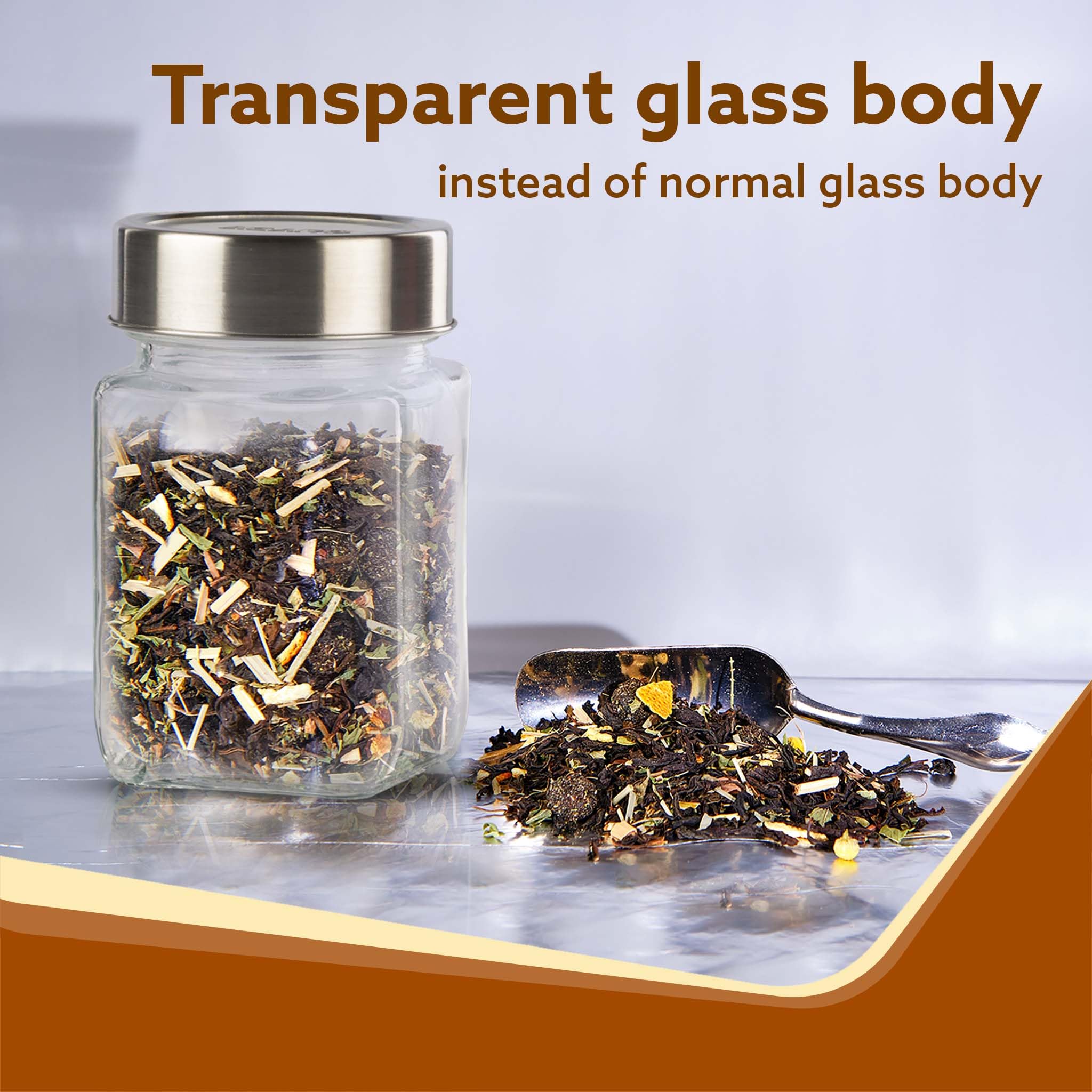 AGARO Elegant Cube Jar 310 ml, forma cuadrada, tapa transparente con acabado de acero, recipiente de cristal de almacenamiento, transparente, organizador de cocina, tarro multiusos, paquete de 6