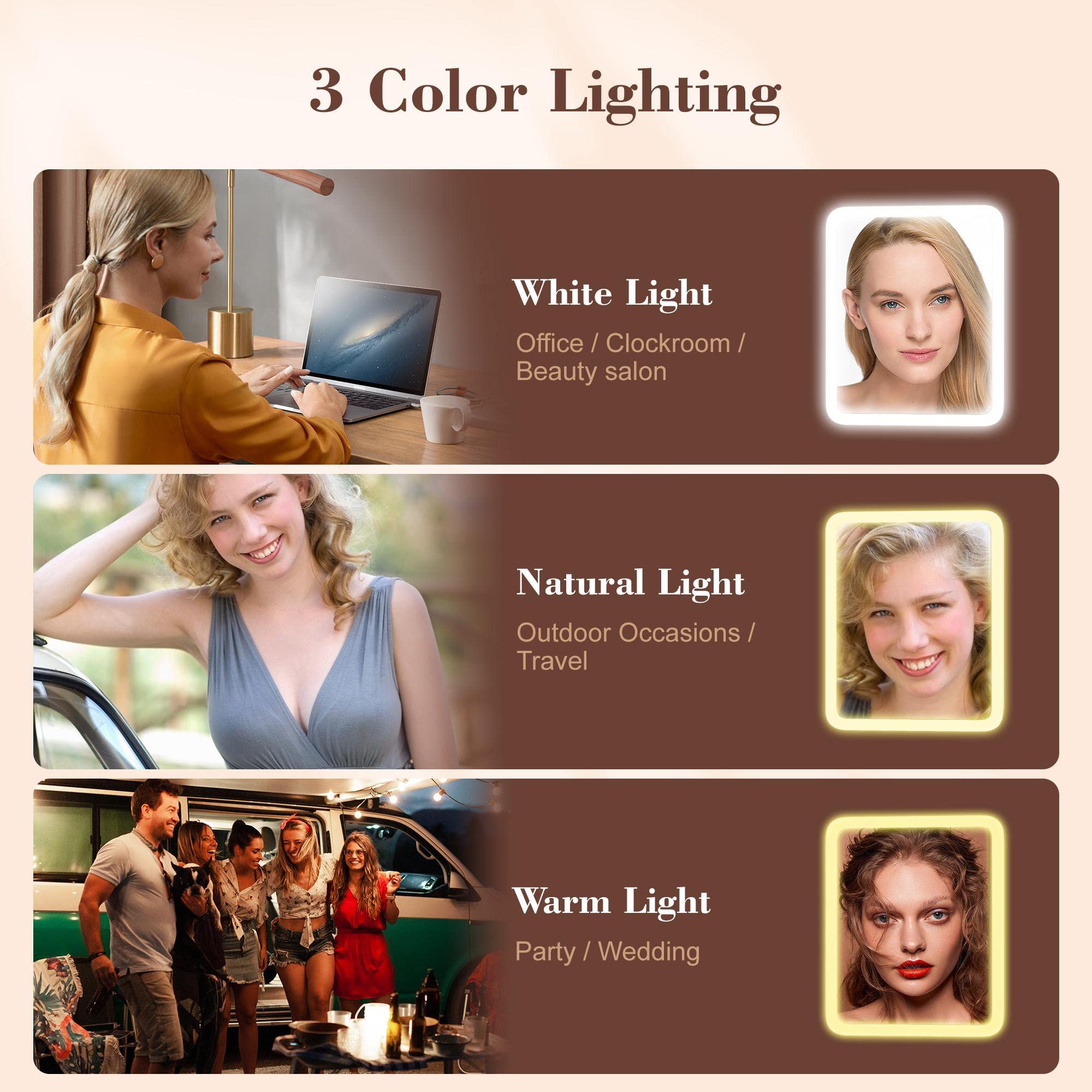 Specchio Trucco Con Luci, portatile illuminato da viaggio, specchio ingranditore 1X/3X/7X con luci, specchio da vanità a tre colori, luminosità regolabile, ricaricabile, per tavolo, bagno