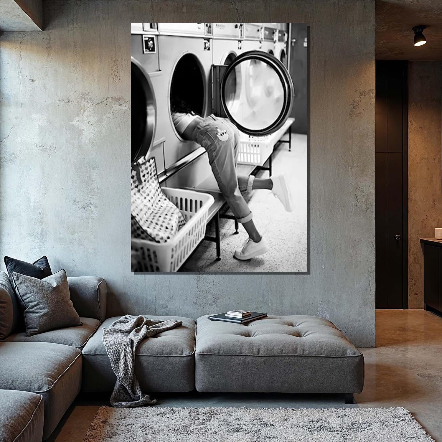 Fashion Laundry Room Wall Art-Woman In Washing Machine Print,Black And White Laundromat Photo,Vintage Photography Art,Funny Laundry Print Apartment Bathroom Decor,Gift For Women 20x30inch unframed