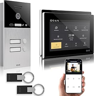 GVS - IP Video Türsprechanlage 2-Familienhaus mit Türöffner (RFID), HD Kamera, 2x7 Zoll Monitor & App - Smarte Video Türklingel mit Kamera & Gegensprechanlage (AVS4088U)