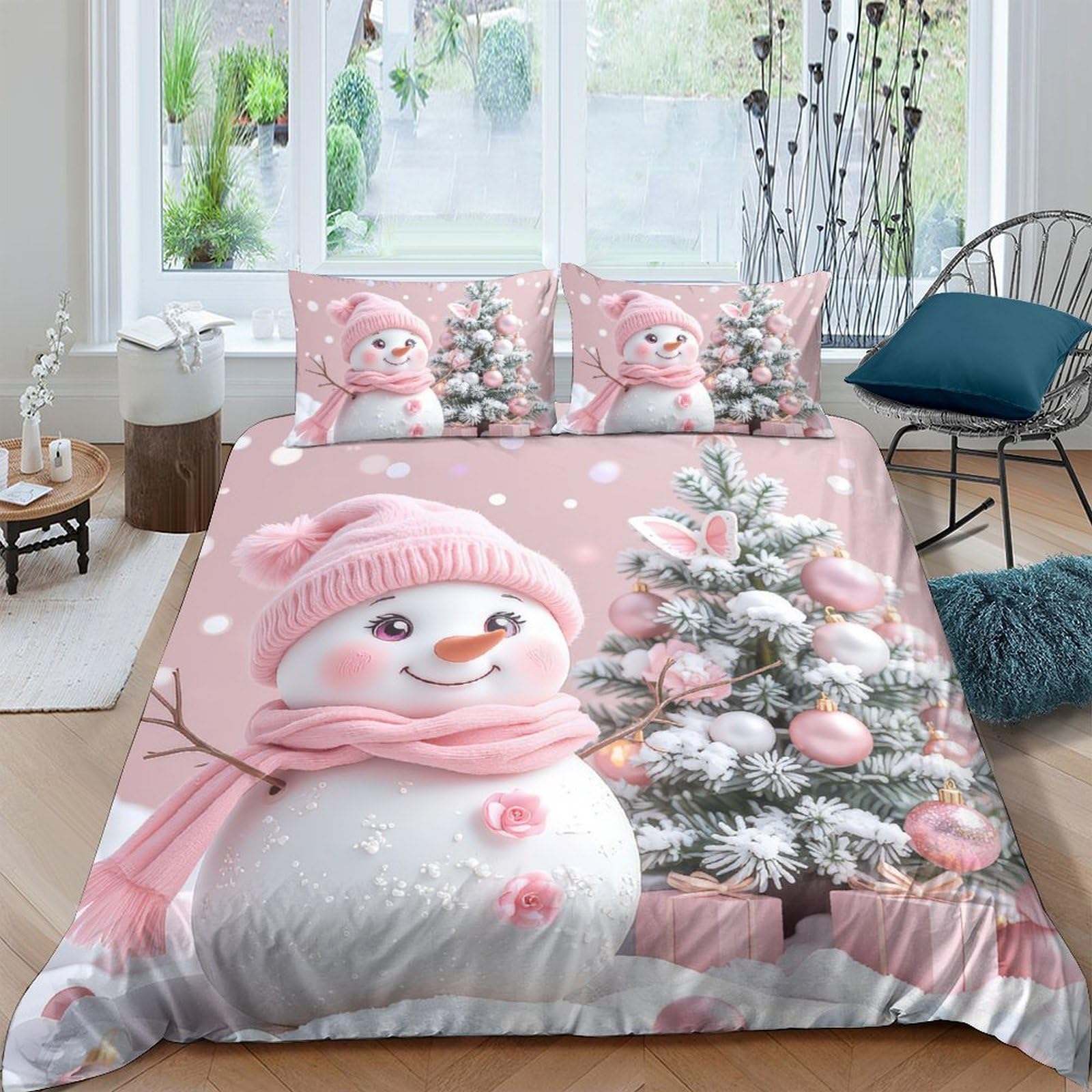 TUFRTGYHN 3D Printed Pink Snowman Duvet Cover Microfiber Soft Breathable Christmas Tree Bedding Set with 2 Pillowcases for Bedroom Decor Single（135x200cm）