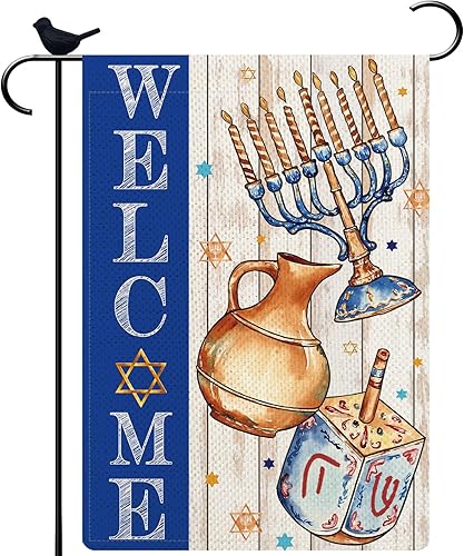 Miniatura 1 de Bandera de jardín de feliz Hanukkah con la estrella de David Love and Light Menorah, decoración de Navidad judía, bandera de arpillera para