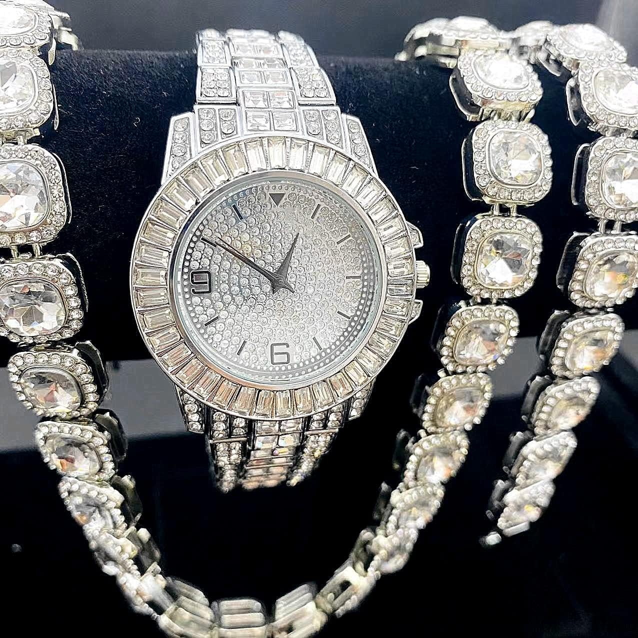 3PC Watch Necklace Bracelet Jewelry Set Bling-ed Out Silver Round Luxury Mens Watch W/Bling-ed Out Bracelets Tennis Chain Diamond Jewelry for Men Women (gao 3pc Silver)