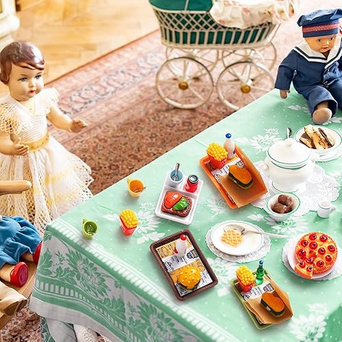 Miniatura 5 de Juego de 50 piezas de accesorios de comida rápida en miniatura para casa de muñecas, mezcla de resina, bebida, mini hamburguesa, papas fritas, jugo,