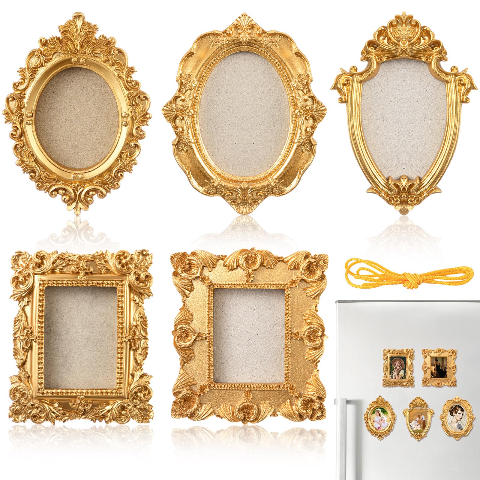 5 Pcs Mini Gold Magnetic Picture Frames for Refrigerator, Vintage, Style A
