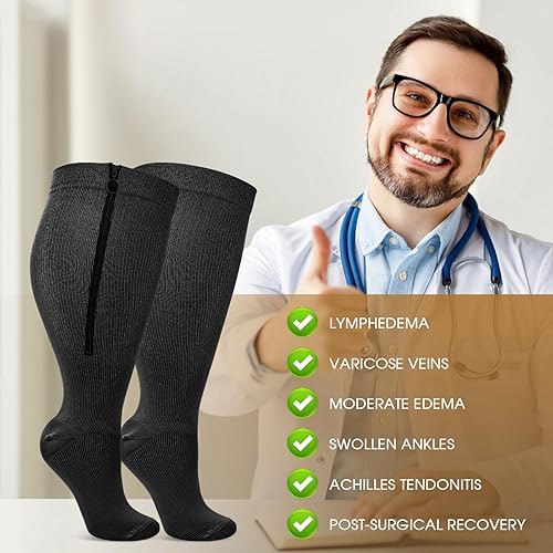 Miniatura 3 de Calcetines de compresión patentados con cremallera para mujer, pantorrilla ancha, talla grande, 2 pares de medias de dominio de 20  30 mmHg para
