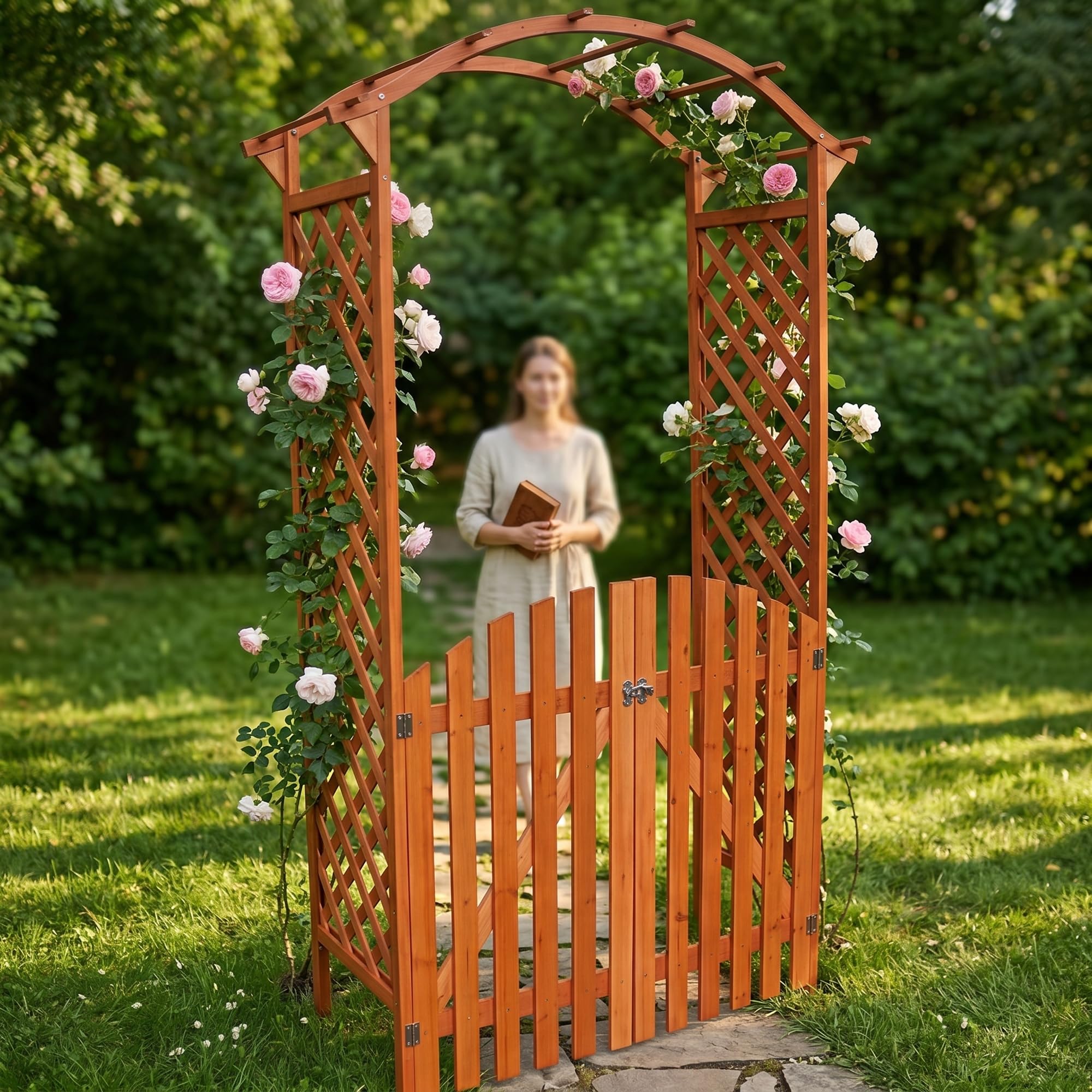 Mucola Rosenbogen aus Holz mit Doppeltüren – Gartenbogen dekorativ, Rankhilfe für Rosen und Kletterpflanzen, 120x60x206 cm, Outdoor Gartenelement