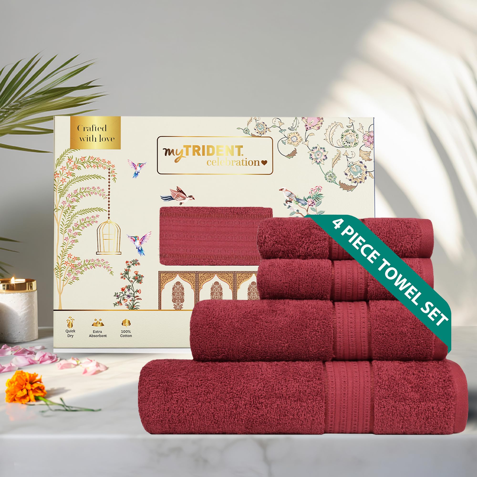 Trident Towels for Bath, 4 Pcs Towel Set (1 Bath Towel, 1 Lady Bath, 2 Hand Towels), 450 GSM, 100% Cotton Towel, Celebration Collection Home Gym Spa Hotel Towels Gifting Collection - Red Wine