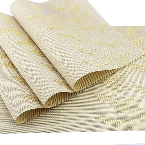 Miniatura 2 de Gugrida Juego de 6 manteles individuales de vinilo dorado con diseño floral resistente al calor para mesa de comedor, interiores y exteriores,