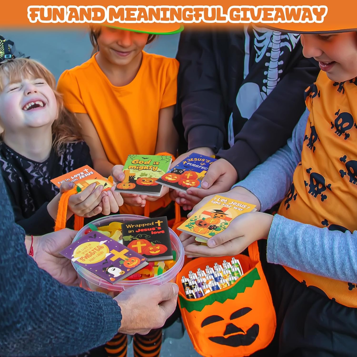 AmazingSpark 48pcs Christian Pumpkin Pens Mini Halloween Notepad Religious Jesus Notebooks Ballpoint Pens Bulk Halloween Christian Pumpkin Stationery Party Favors for Church Prizes Supplies