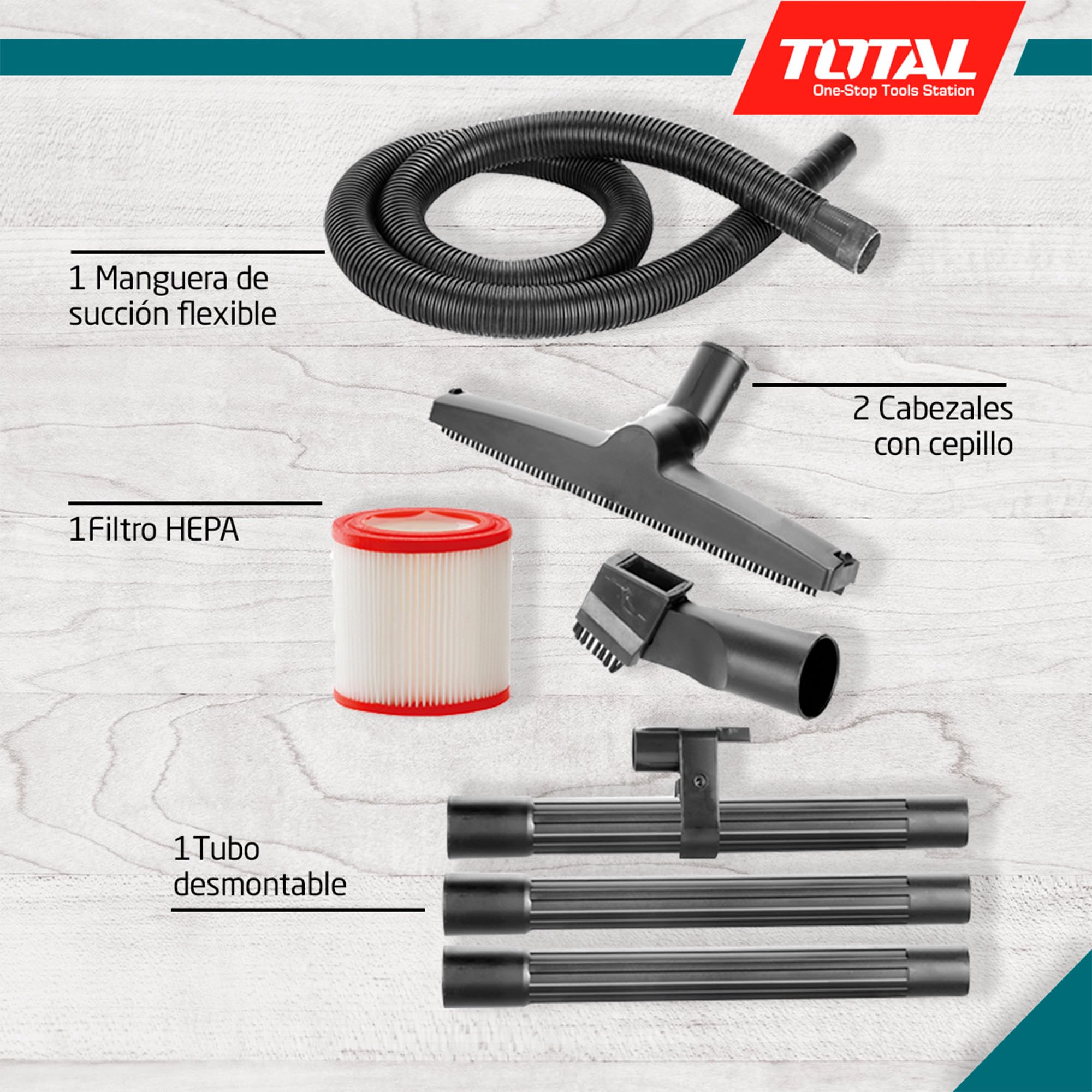 Total - Aspirador | Limpieza Profunda en Seco y Húmedo | Alta Potencia: 800W | Compacto y Fácil de Manejar | Capacidad de 12L | Incluye Tubo Desmontable y 2 Cabezales | 31 x 31 x 43
