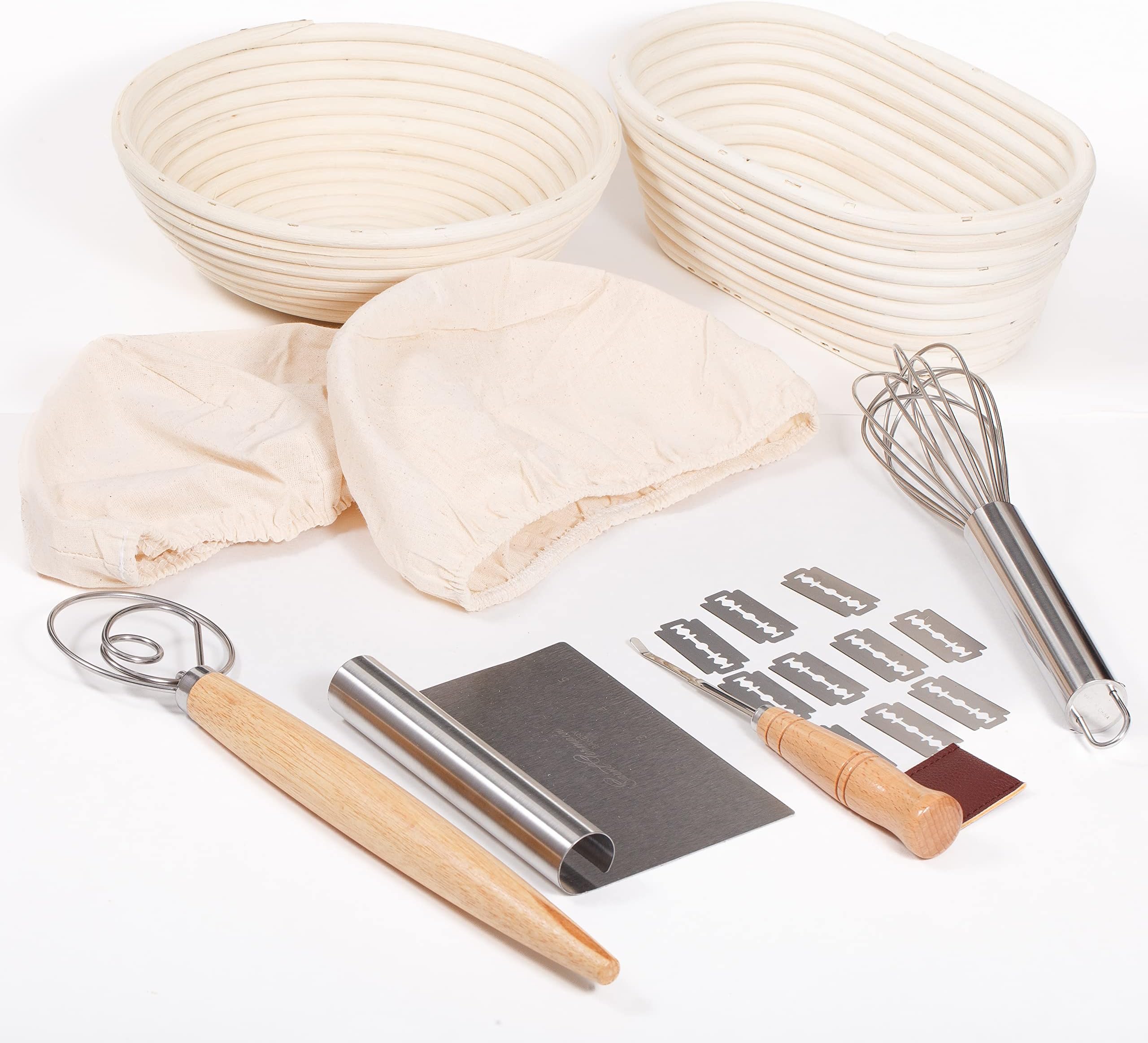 Saint Germain Bakery Premium Round Bread Banneton Basket with Liner - Perfect Brotform Proofing Basket for Making Beautiful Bread (9 inch Round / 10 inch Oval Bundle)