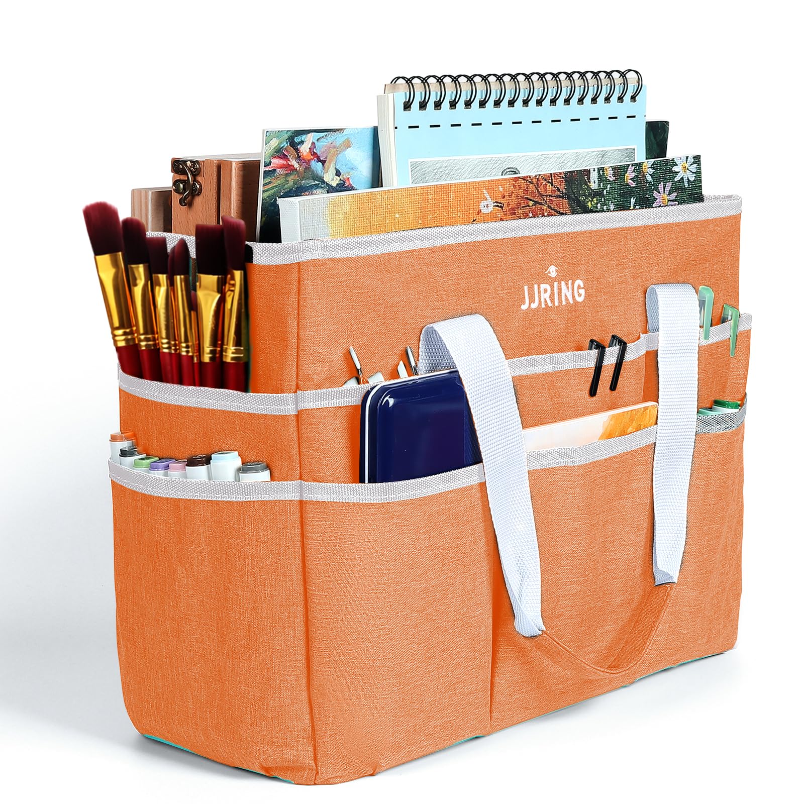 JJRING Craft Organizer Tote Bag, Large Art Storage Caddy with Multiple Pockets, Orange Sewing Bag for Art, Craft, Scrapbooking, School, Medical, and Office Supplies Storage