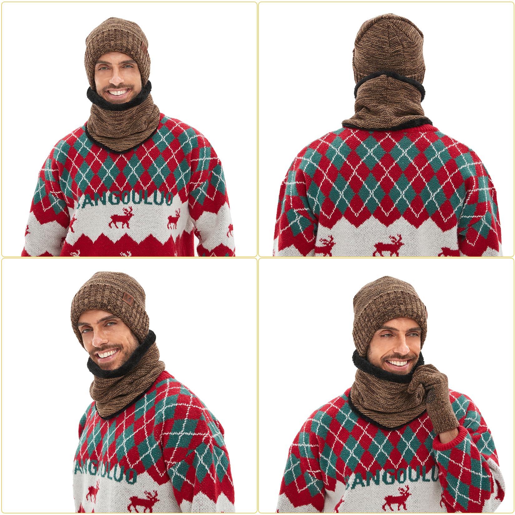 Maylisacc 3Pcs Slouch Beanie Invernale Scaldacollo Termica e Guanti Touch Screen a Maglia Uomo Donna con Fodera in Morbido Pile