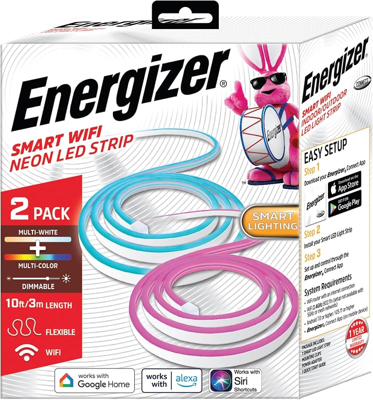 Energizer Smart 2pk Neon LED Light Strips, 20 Ft RGBW Wi-Fi LED Rope Light, Water Resistant for Outdoor & Indoor, Compatible with Alexa Google Home & Siri, Voice & Remote Control, Flexible, Dimmable