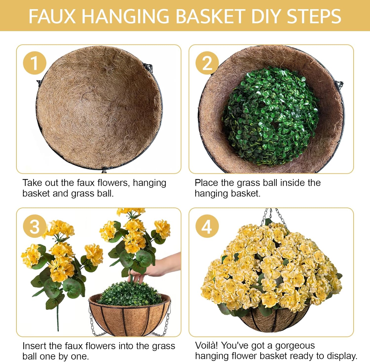 Artificial Flower Plants with Hanging Basket for Outdoor Spring Summer Decor, Hanging Planter with Realistic Fake Silk Geraniums, UV Resistant Faux Hanging Flowers for Porch Patio Balcony (1PC Yellow)